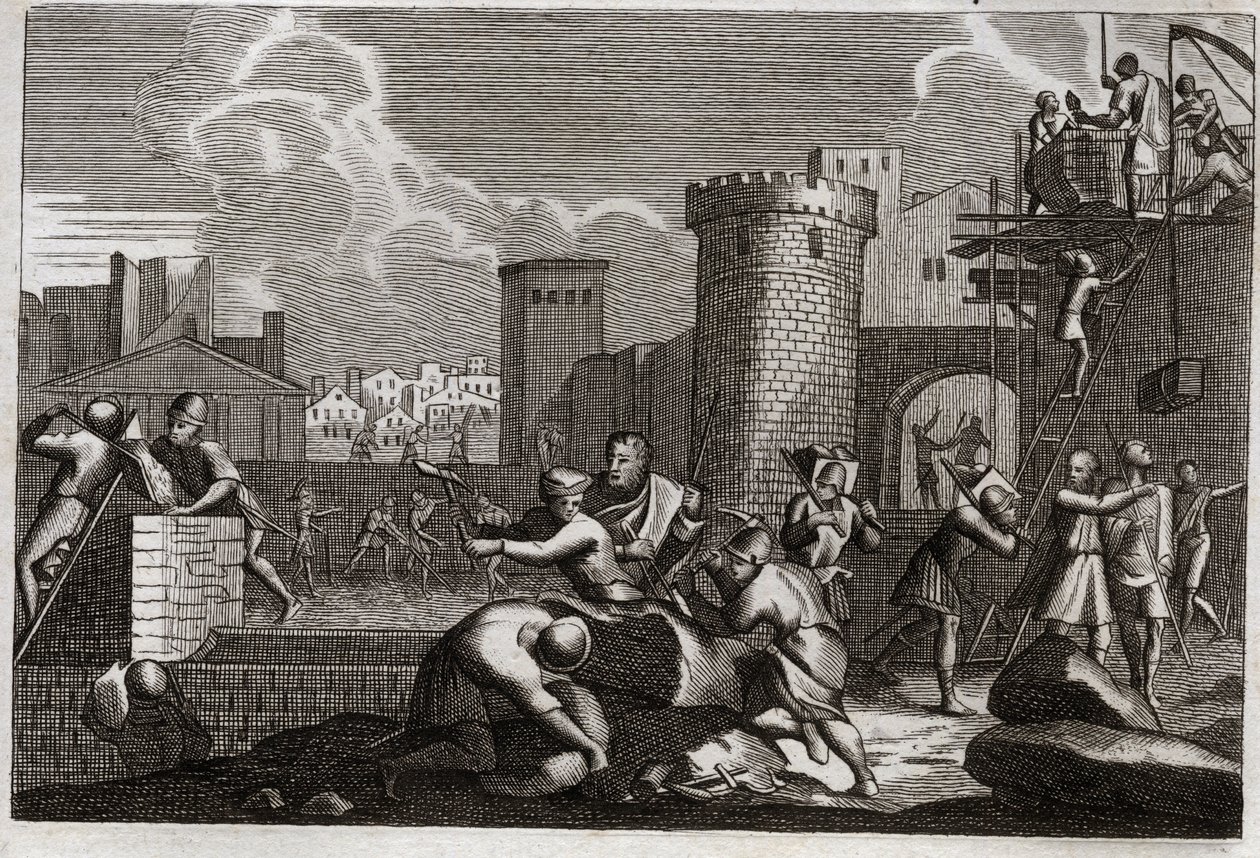 Bíblia de Royaumont, Velho Testamento: Jerusalém rebatie. O Rei Artaxerxes enviou Neemias a Jerusalém com permissão para rebelar todos os seus muros. Ilustração de 1811. de Unknown artist