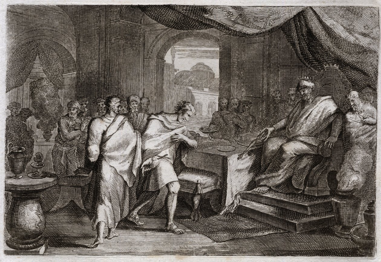 Bíblia de Royaumont, Velho Testamento: Joachim atira ferros. Evilmerodach (Evil Merodac, Evil Merodac), Rei da Babilônia, após a morte de Nabucodonosor II, trata Joaquim (Joacim, Joaquim, Jeconias), outrora Rei de Judá, e o tira dos ferros para sentar-se e de Unknown artist