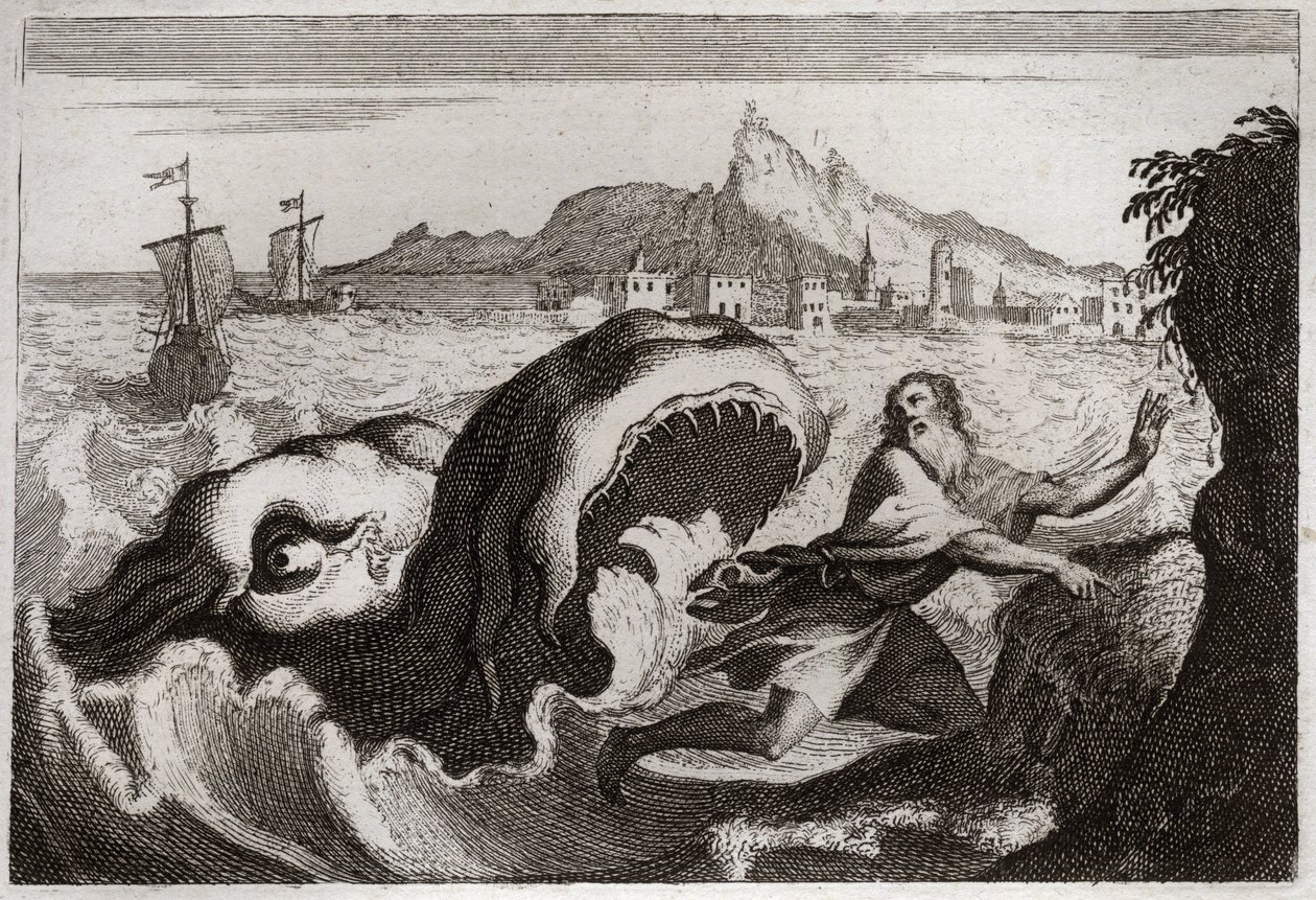 Bíblia de Royaumont, Velho Testamento: Jonas na baleia. O profeta Jonas vive numa baleia, e sai vivo. Ilustração de 1811. de Unknown artist