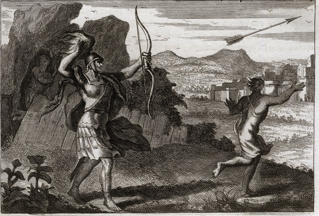 Bíblia de Royaumont, Velho Testamento: Jonathan e David. E quando Jônatas viu o amargo de seu pai, Saul o advertiu para se retirar. Ilustração de 1811. de Unknown artist