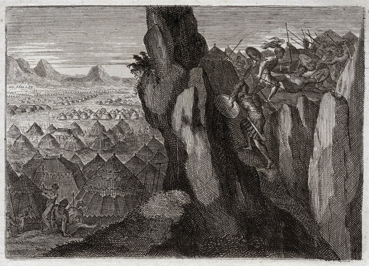 Bíblia de Royaumont, Velho Testamento: Jonathan e o seu Ecuyer. Jônatas, filho do rei Saul, vai sozinho com seu eqüitativo para o acampamento dos filisteus, e os põe em fuga. Ilustração de 1811. de Unknown artist