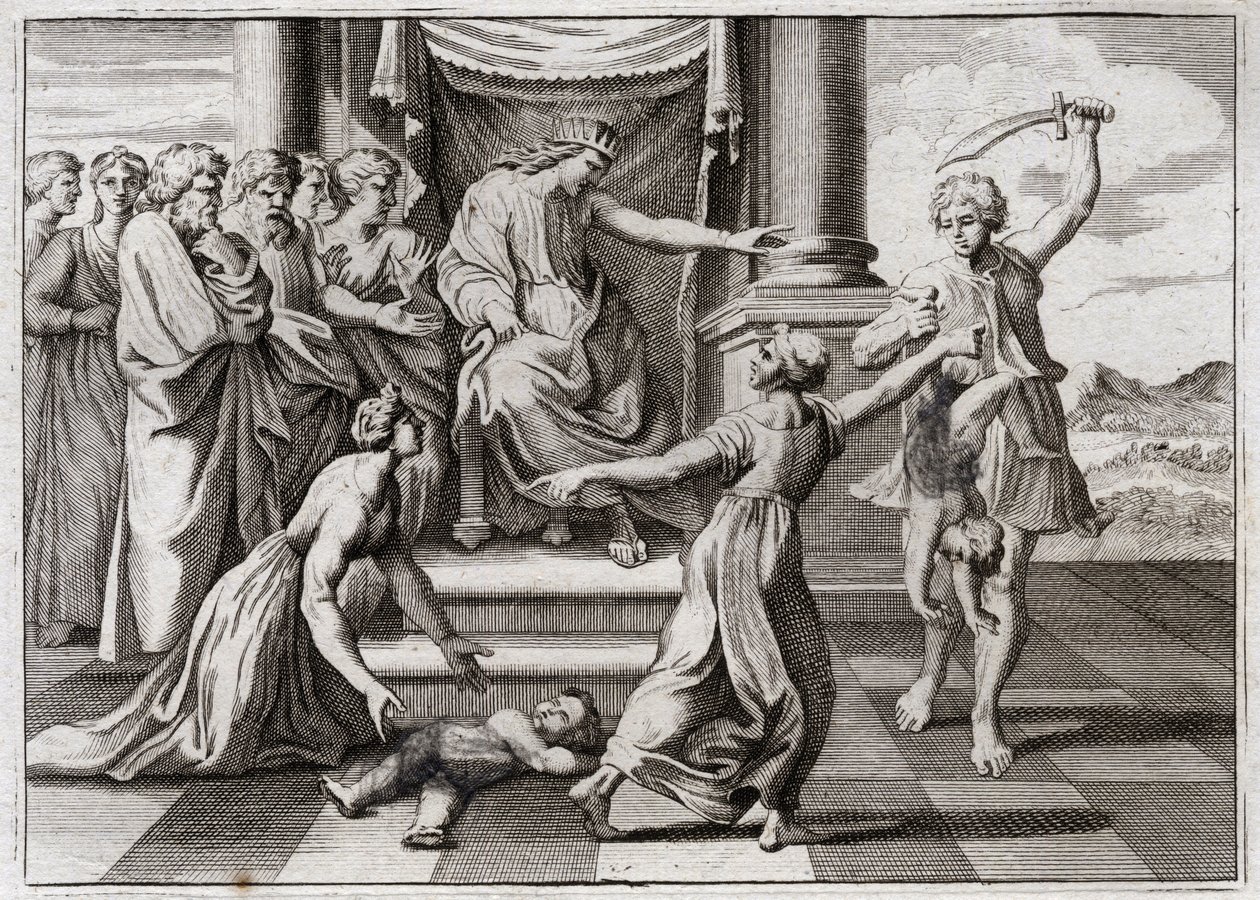 Bíblia de Royaumont, Velho Testamento: O julgamento de Salomão. O famoso julgamento de Salomão entre duas mulheres, para reconhecer qual das duas era a mãe de uma criança, que ambas afirmavam ser ela. Ilustração de 1811. de Unknown artist