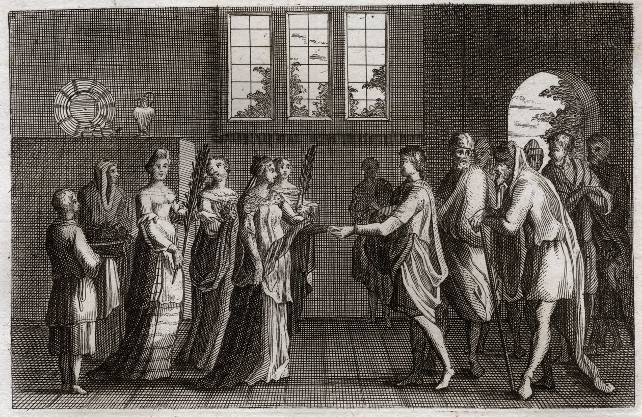 Bíblia de Royaumont, Velho Testamento: Casamento de Isaac. Isaac, filho de Abraão, casa-se com Rebecca. Ilustração de 1811. de Unknown artist
