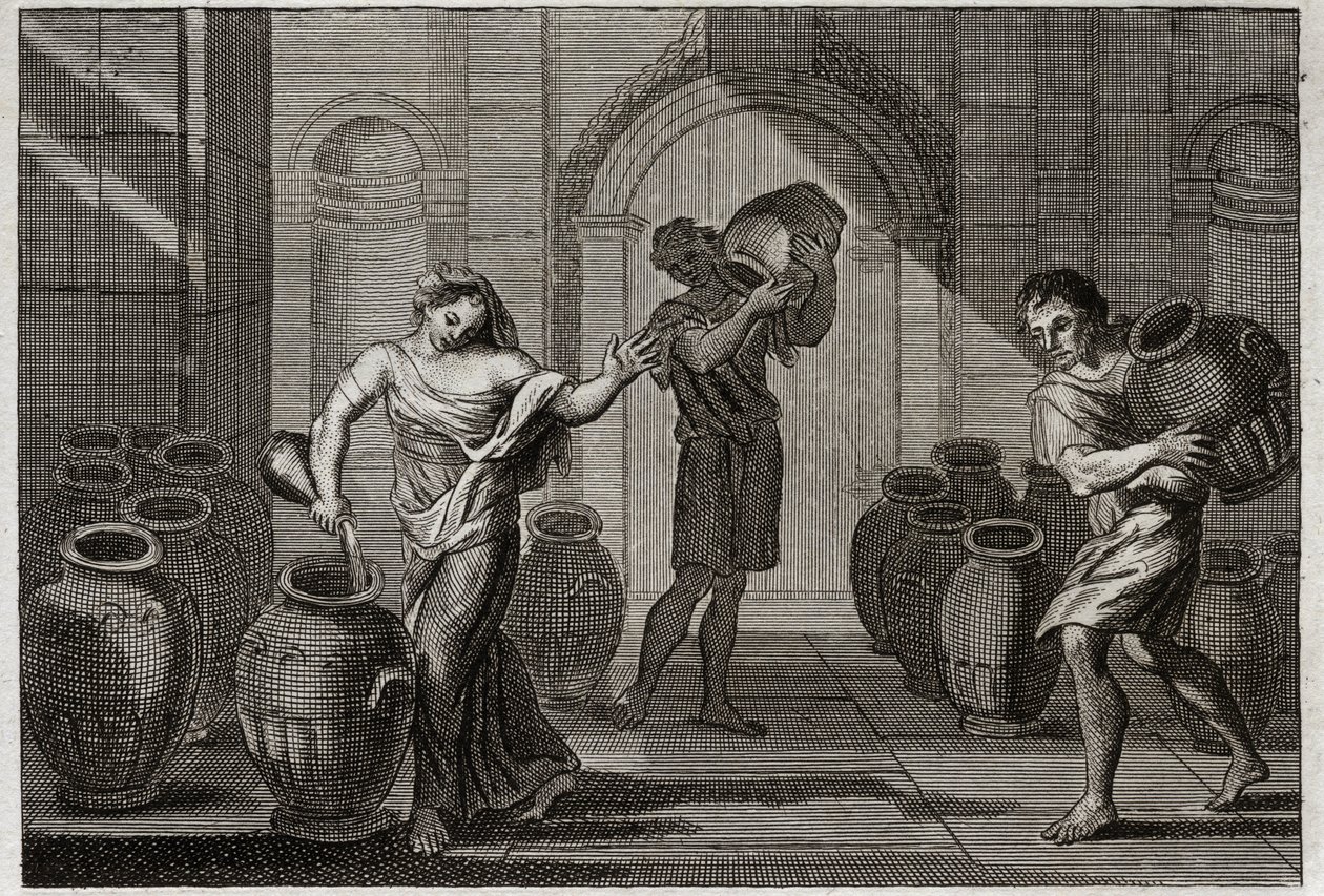 Bíblia de Royaumont, Velho Testamento: Milagre de Eliseu. Uma viúva atormentada de seus cretadores, usando a caridade de Eliseu, este Profeta ordenou que ela pegasse emprestado muitos vasos desses vizinhos, que ela encheu de óleo com um pequeno remanescent de Unknown artist
