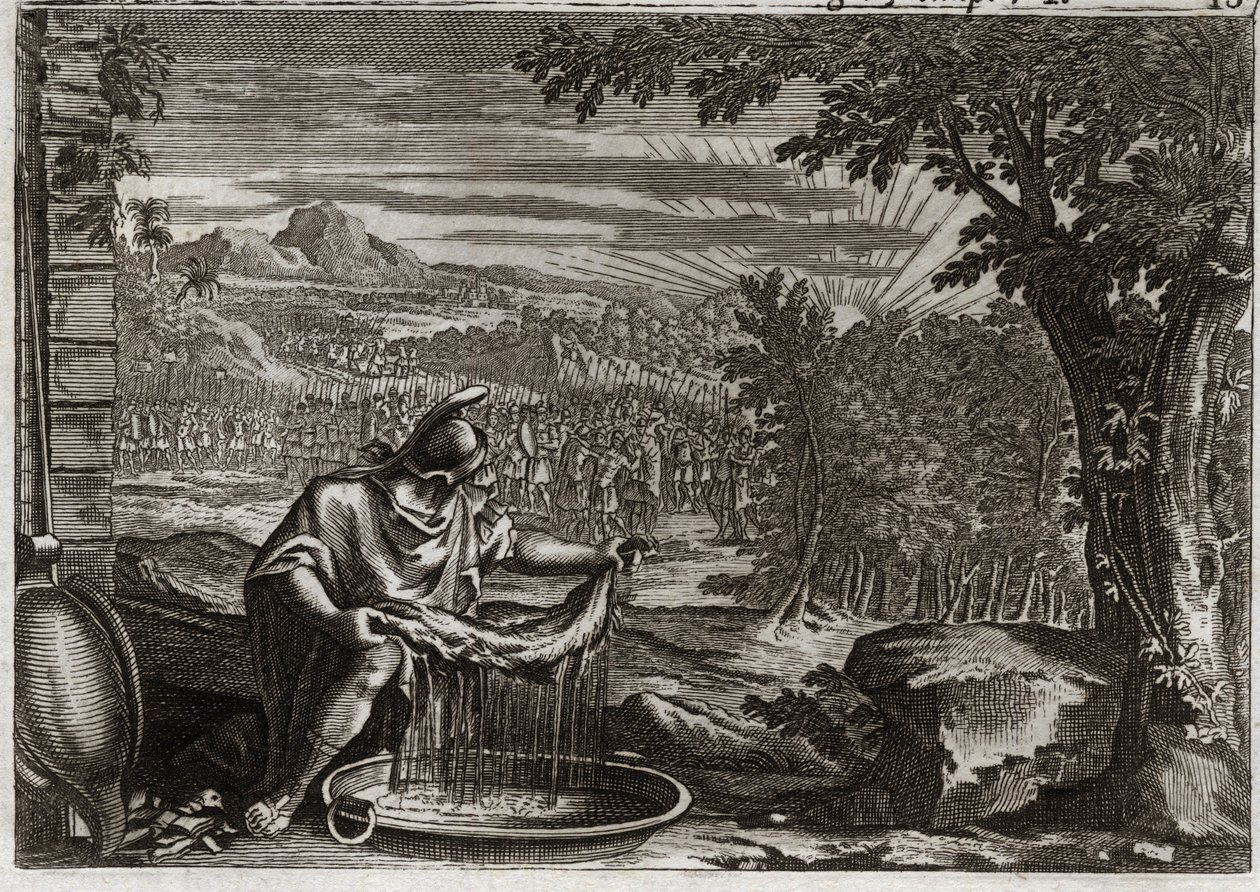 Bíblia de Royaumont, Velho Testamento: Milagre de Fleece. Gedeon (Gideão) obteve de Deus o milagre do velo como prova de que ele o tinha escolhido e que o tornaria o libertador do seu povo. Ilustração de 1811. de Unknown artist