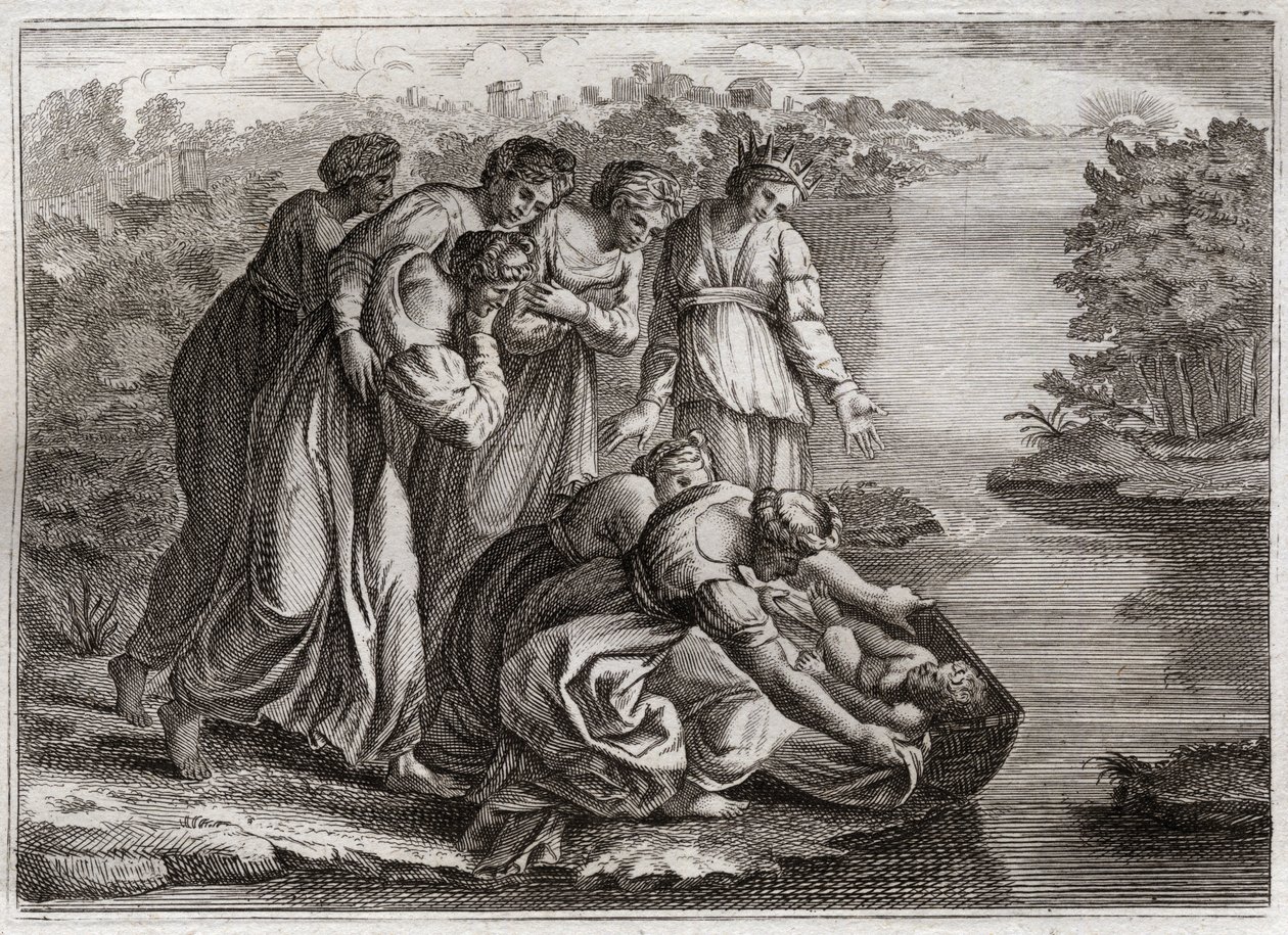 Bíblia de Royaumont, Velho Testamento: Moisés salva águas. A filha do faraó retirou Moisés das águas do Nilo e o adotou para seu filho. Ilustração de 1811. de Unknown artist