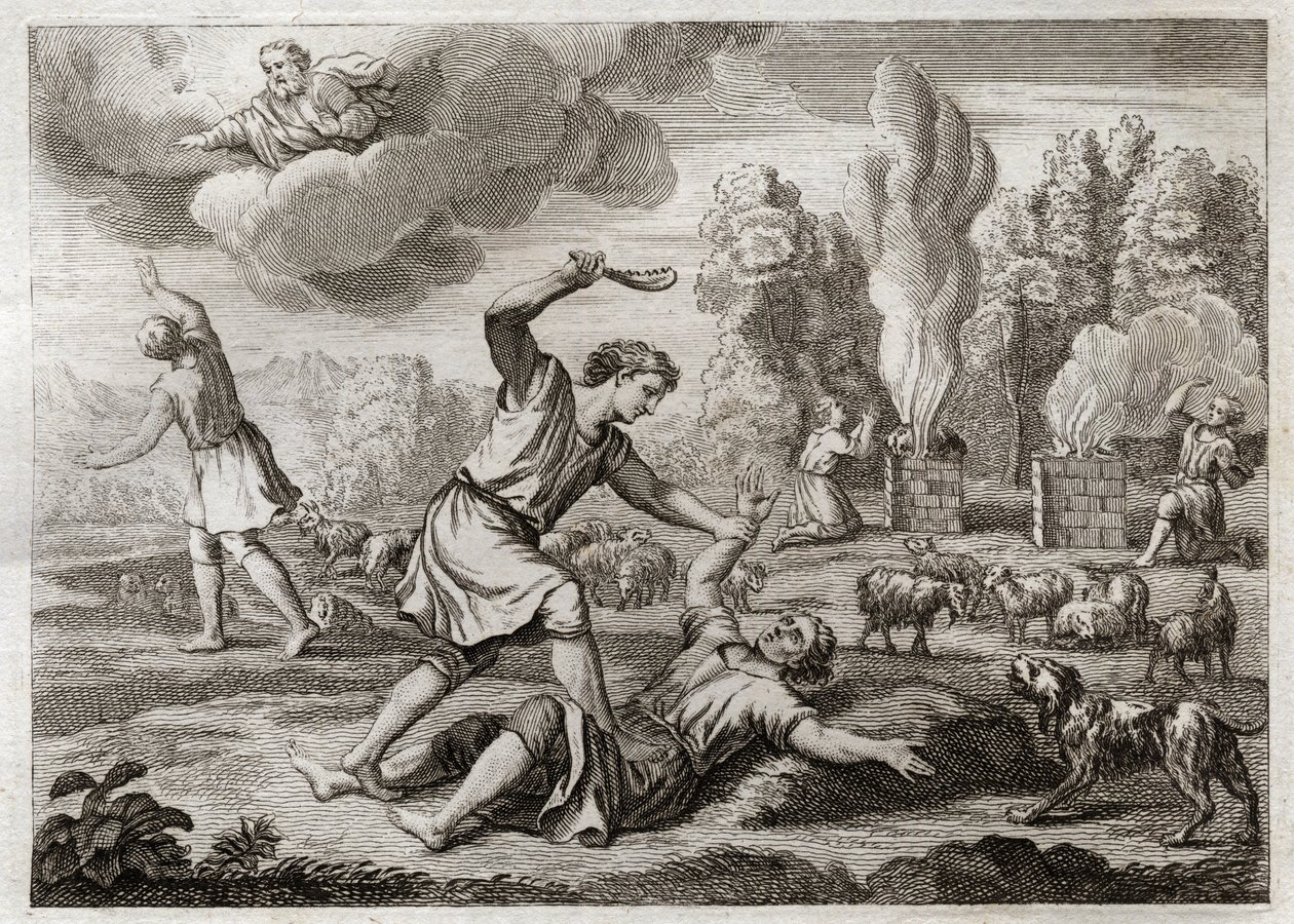 Bíblia de Royaumont, Velho Testamento: Assassinato de Abel. Caim carrega seu irmão com inveja contra Abel, levando-o para o campo como se fosse para andar, e matando-o. Ilustração de 1811. de Unknown artist