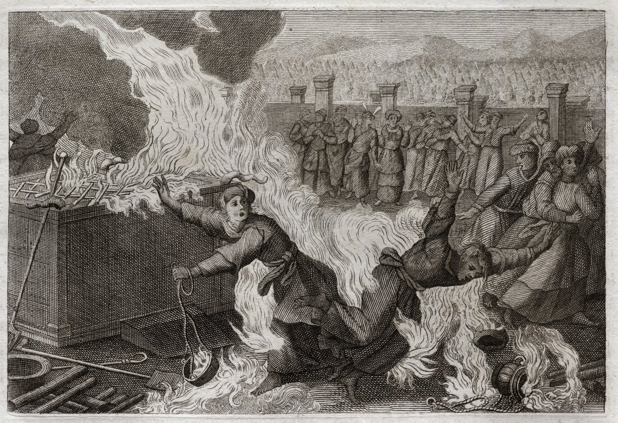 Bíblia de Royaumont, Velho Testamento: Nadab e Abiu. Nadabe (Nadav) e Abiu (Abihou), os filhos de Arão, que colocaram um fogo estranho em seus incensos, para oferecer incenso a Deus, foram queimados no próprio Tabernáculo. Ilustração de 1811. de Unknown artist