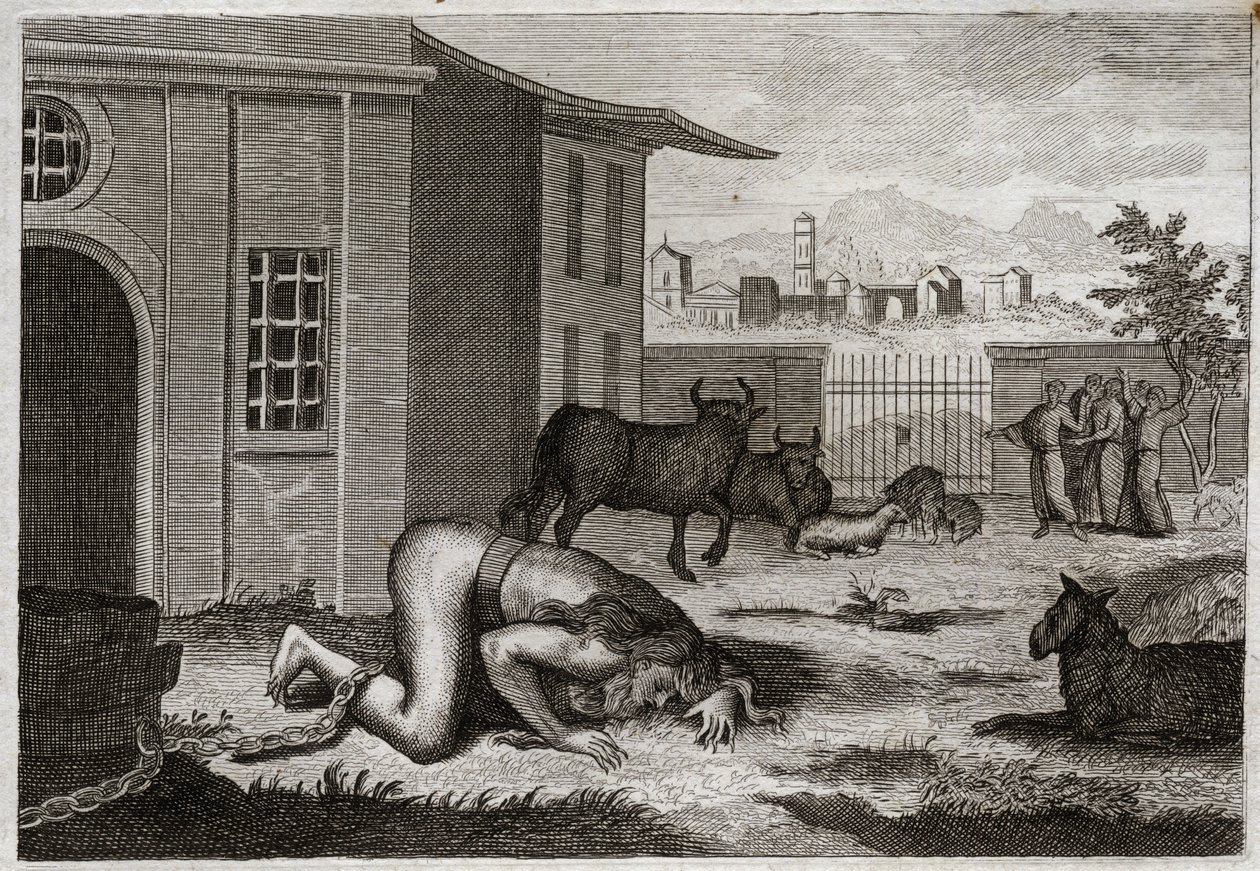 Bíblia de Royaumont, Velho Testamento: Nabucodonosor muda para Bete. O rei Nabucodonosor II, por justa punição por seu orgulho, se transforma em bete. Ilustração de 1811. de Unknown artist