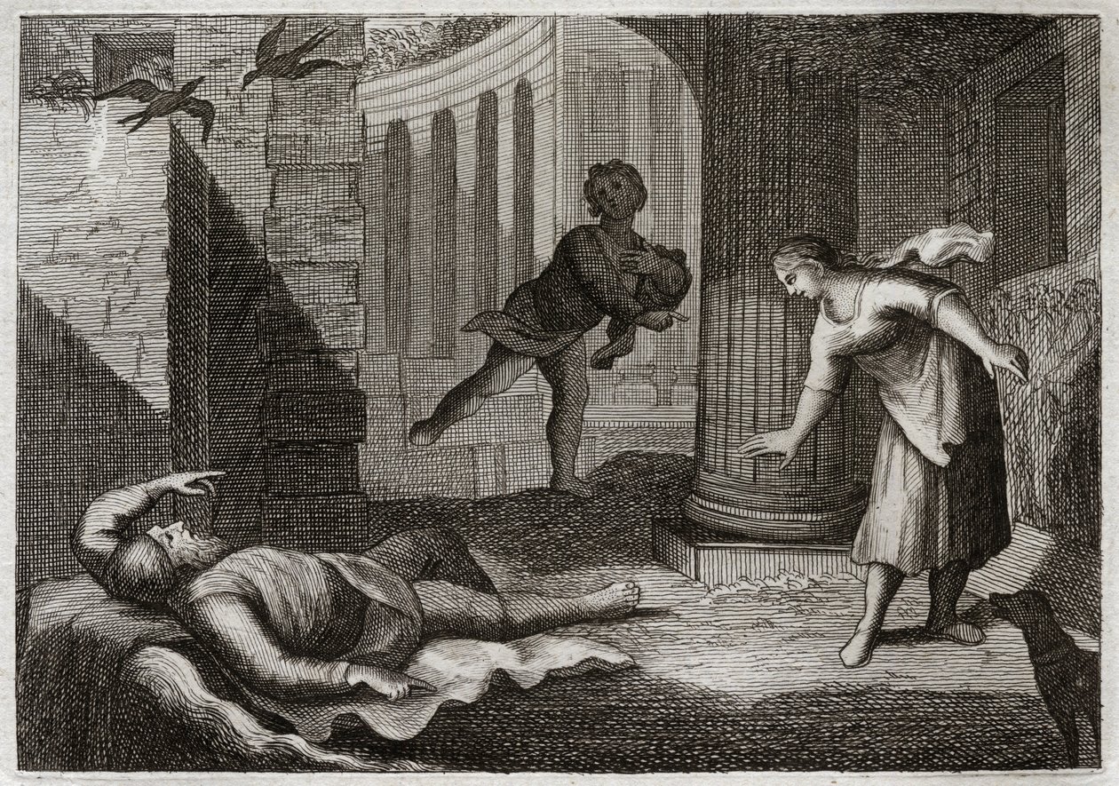 Bíblia de Royaumont, Velho Testamento: O velho Tobie perde a visão. O homem santo Tobie perde a visão, e sofre este mal com extrema paciência. Ilustração de 1811. de Unknown artist