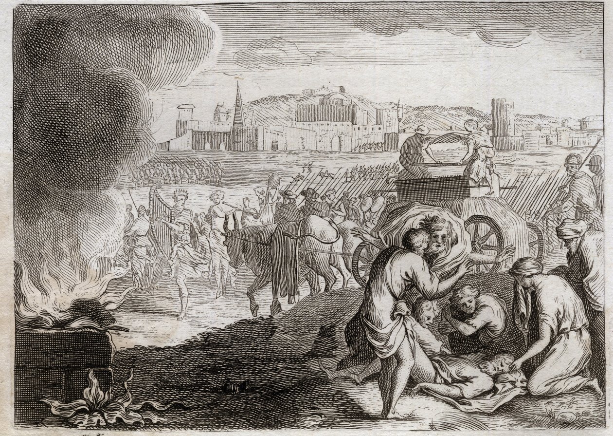Bíblia de Royaumont, Velho Testamento: Oza ataca com Deus. David quer trazer a Arca da Aliança de volta para casa. Oza morreu, que colocou sua mão lá para impedi-lo de cair. Ilustração de 1811. de Unknown artist