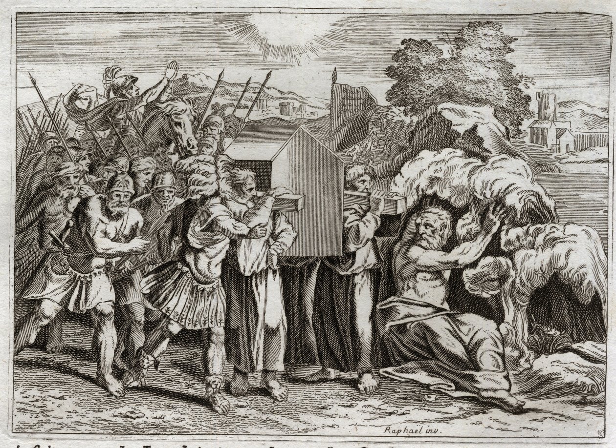 Bíblia de Royaumont, Velho Testamento: Passagem do Jordão. Josué leva o Jordão a todo o povo. Este rio seca, e os sacerdotes que levavam a arca da aliança entraram nele; e as águas subiram acima e permaneceram suspensas como uma montanha. I de Unknown artist