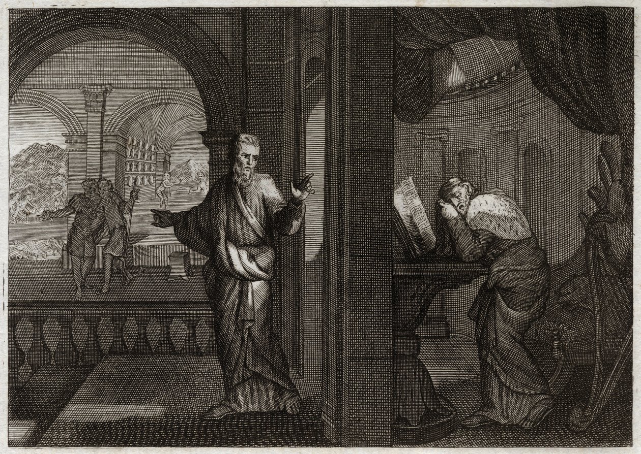 Bíblia de Royaumont, Velho Testamento: Penitência de David. Deus envia o seu profeta Natan a David para representar a sua culpa. O pesar de que este santo rei se tenha concodido dele faz com que ele aceite todos os males que o Profeta o predisse. Ilustraçã de Unknown artist