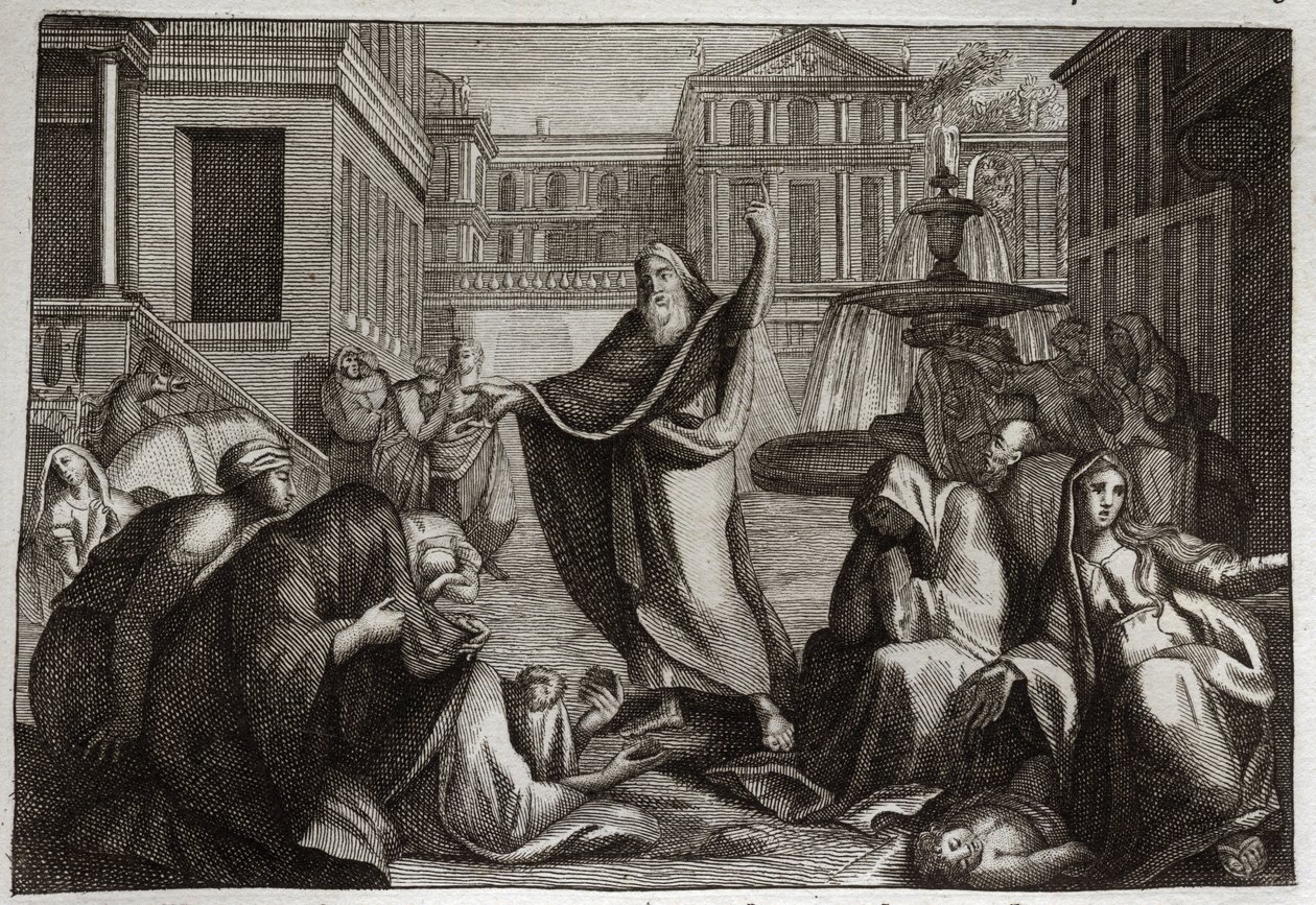Bíblia de Royaumont, Velho Testamento: Penitência dos Ninivitas. Os habitantes de Nínive toda penitência na predicação de São Proféta Jonas. Ilustração de 1811. de Unknown artist