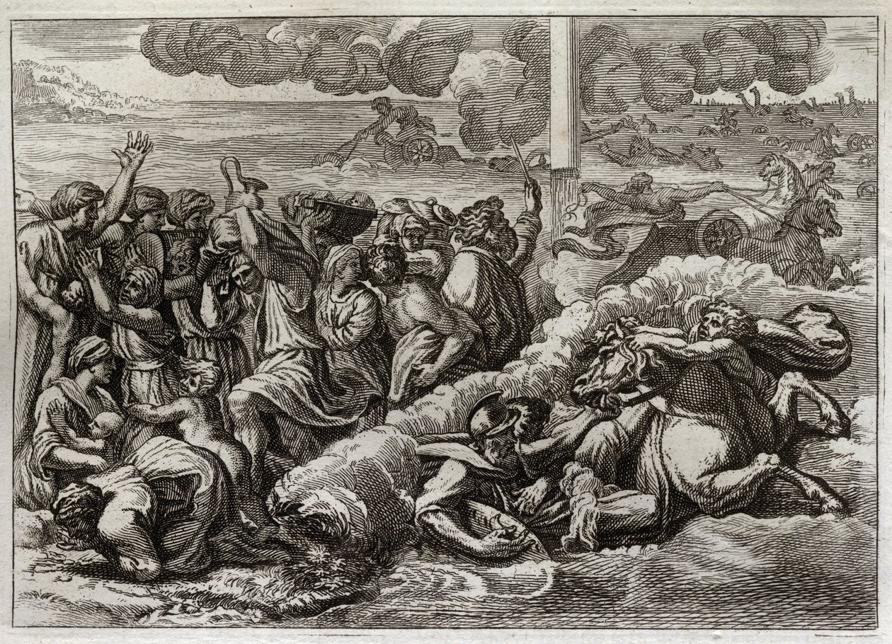 Bíblia de Royaumont, Velho Testamento: O Faraó submerge no Mar Vermelho. A passagem do Mar Vermelho por Moisés e os hebreus, afogando o exército do Faraó. Ilustração de 1811. de Unknown artist