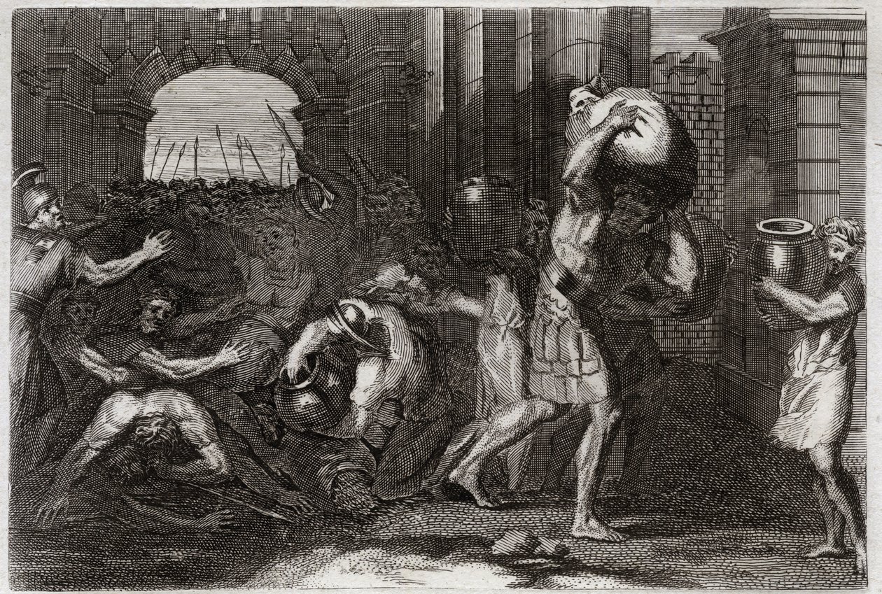 Bíblia de Royaumont, Velho Testamento: Predição de Eliseu. Um Senhor de Samaria, tendo enganado as palavras de Eliseu, está lotado a seus pés. Ilustração de 1811. de Unknown artist