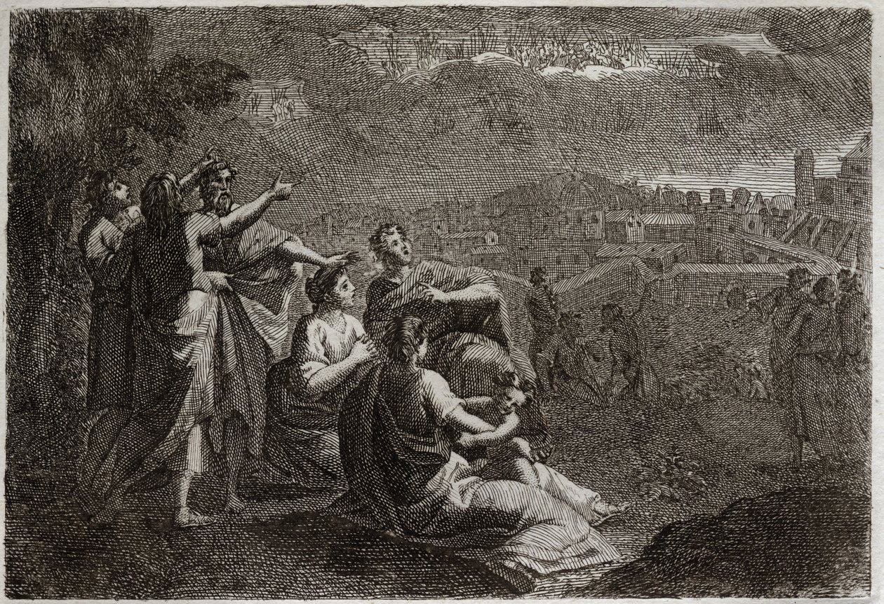 Bíblia de Royaumont, Velho Testamento: Predições sobre Jerusalém. Deus desistiu de armas no ar sobre Jerusalém, para lhe atormentar os males que iriam derreter sobre ela. Ilustração de 1811. de Unknown artist