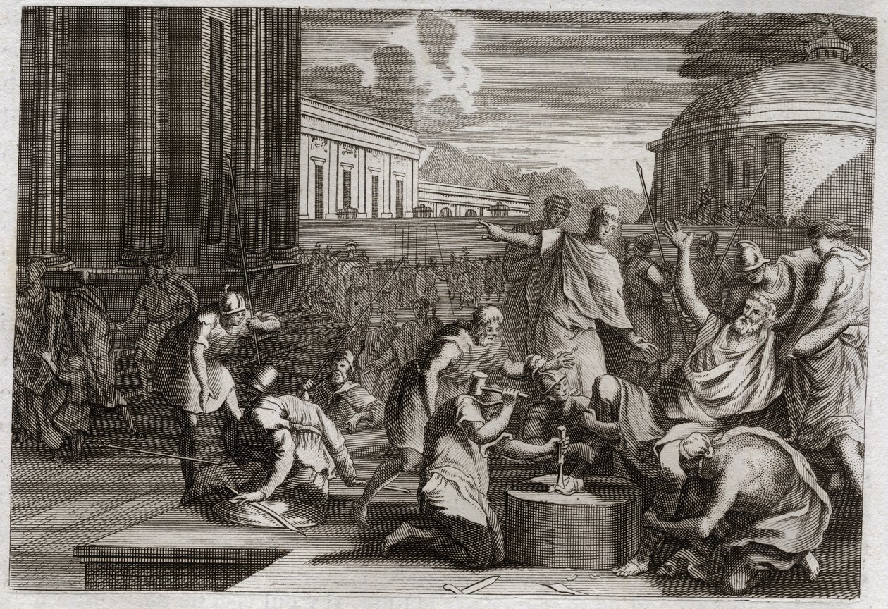 Bíblia de Royaumont, Velho Testamento: Punição de Adonibesec. A morte de Josué. O rei Adonibesec (Adonibesech, Adoni Bezek, Adoni-Bezek), tendo sido desafiado pelos judeus, foi feito cortar as extremidades dos pés e das mãos, como ele as mandou cortar, mes de Unknown artist