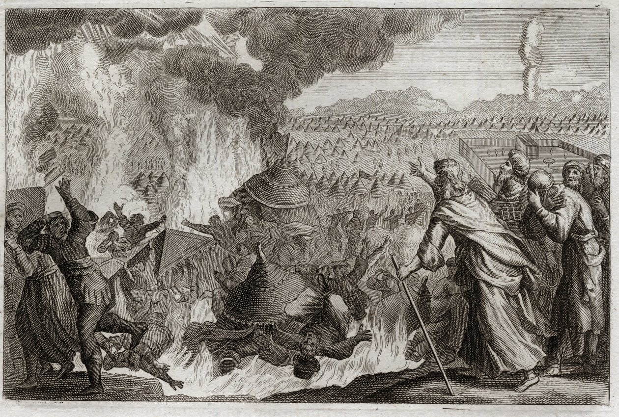 Bíblia de Royaumont, Velho Testamento: Punição do Fogo Celestial. Core (Kore), Datã (Datan, Nathan) e Abriron (Abiram) murmuram contra Moisés, e afetam o governante Pretrise, todos são destruídos vivos, e a terra se abre para devorá-los. Episódio do de Unknown artist
