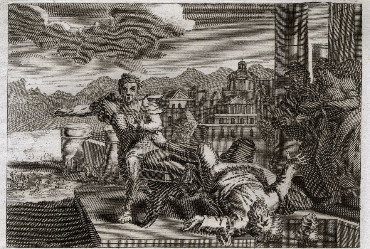 Bíblia de Royaumont, Velho Testamento: Punição de Heli. Deus, para punir o grande sacerdote Heli (Eli) por sua negligência em assumir as ordens de seus filhos, permite que ele caia de seu assento e quebre sua cabeça ao ouvir a notícia de sua morte. de Unknown artist