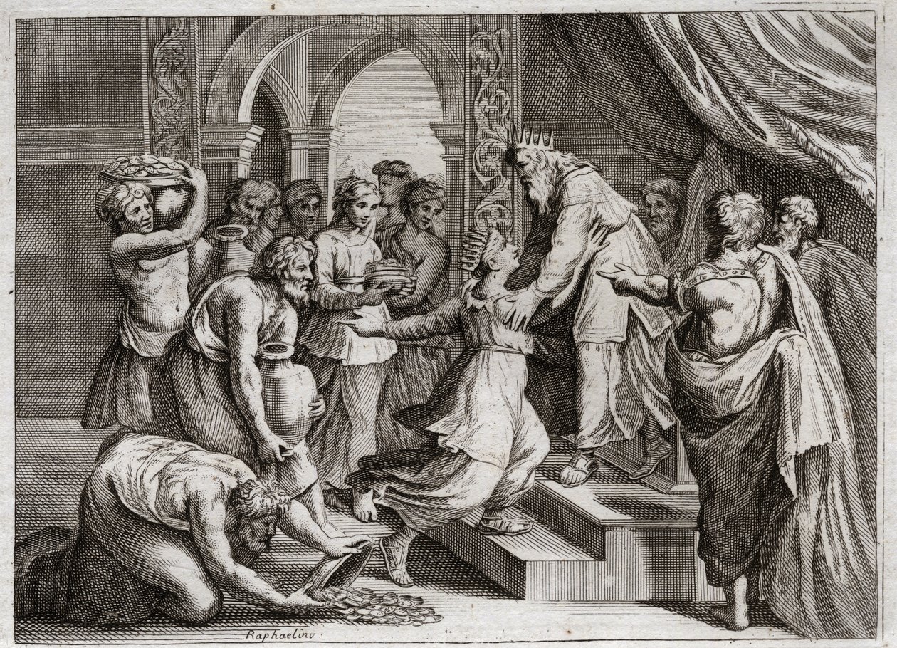 Bíblia de Royaumont, Velho Testamento: Rainha de Sabá. A Rainha de Sabá vem a Salomão para ouvir a sua sabedoria e para lhe oferecer presentes. Ilustração de 1811. de Unknown artist