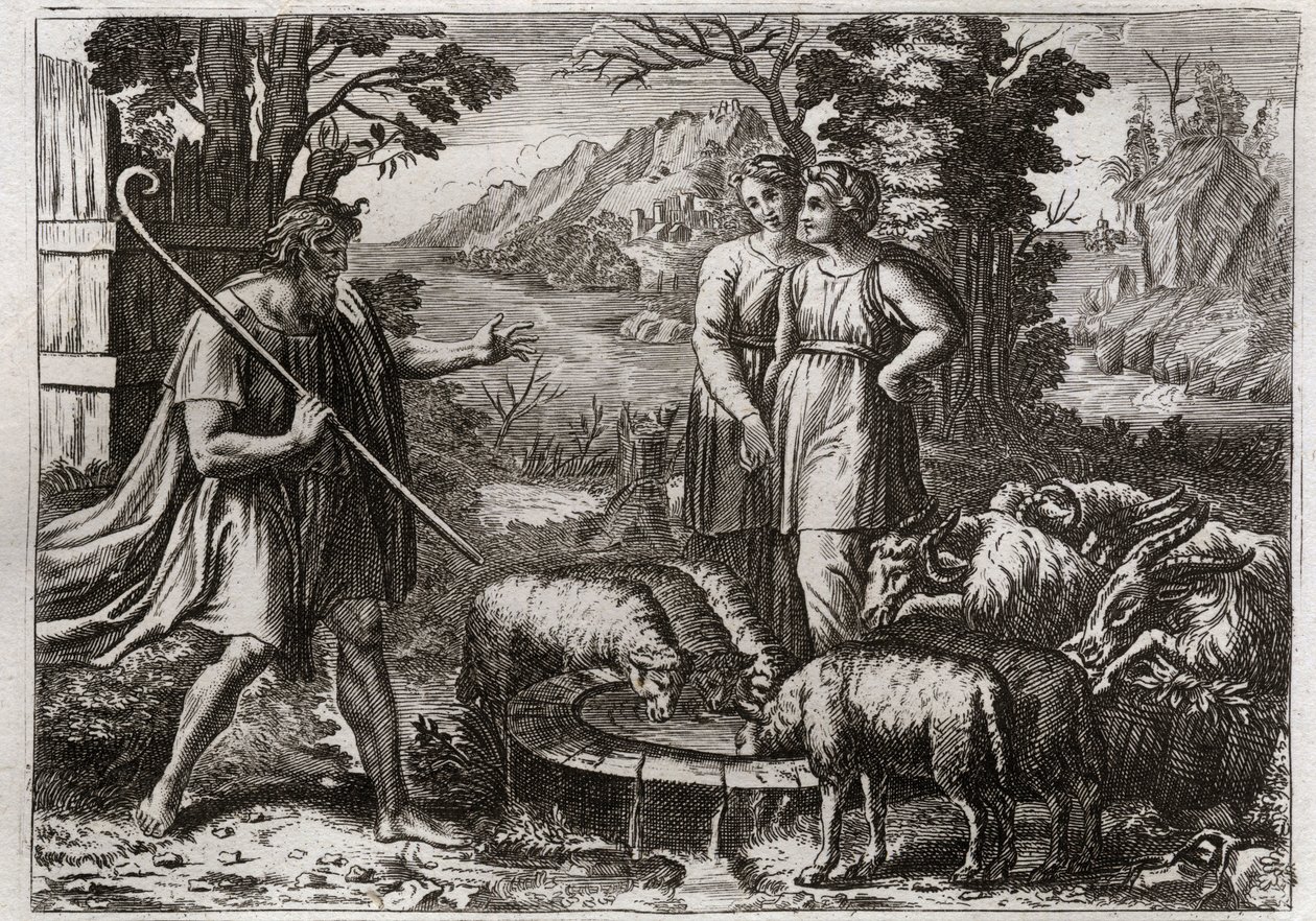 Bíblia de Royaumont, Velho Testamento: Raquel e Lea. Jacob serve Labão, seu tio, para que sua filha Raquel se case. Ilustração de 1811. de Unknown artist