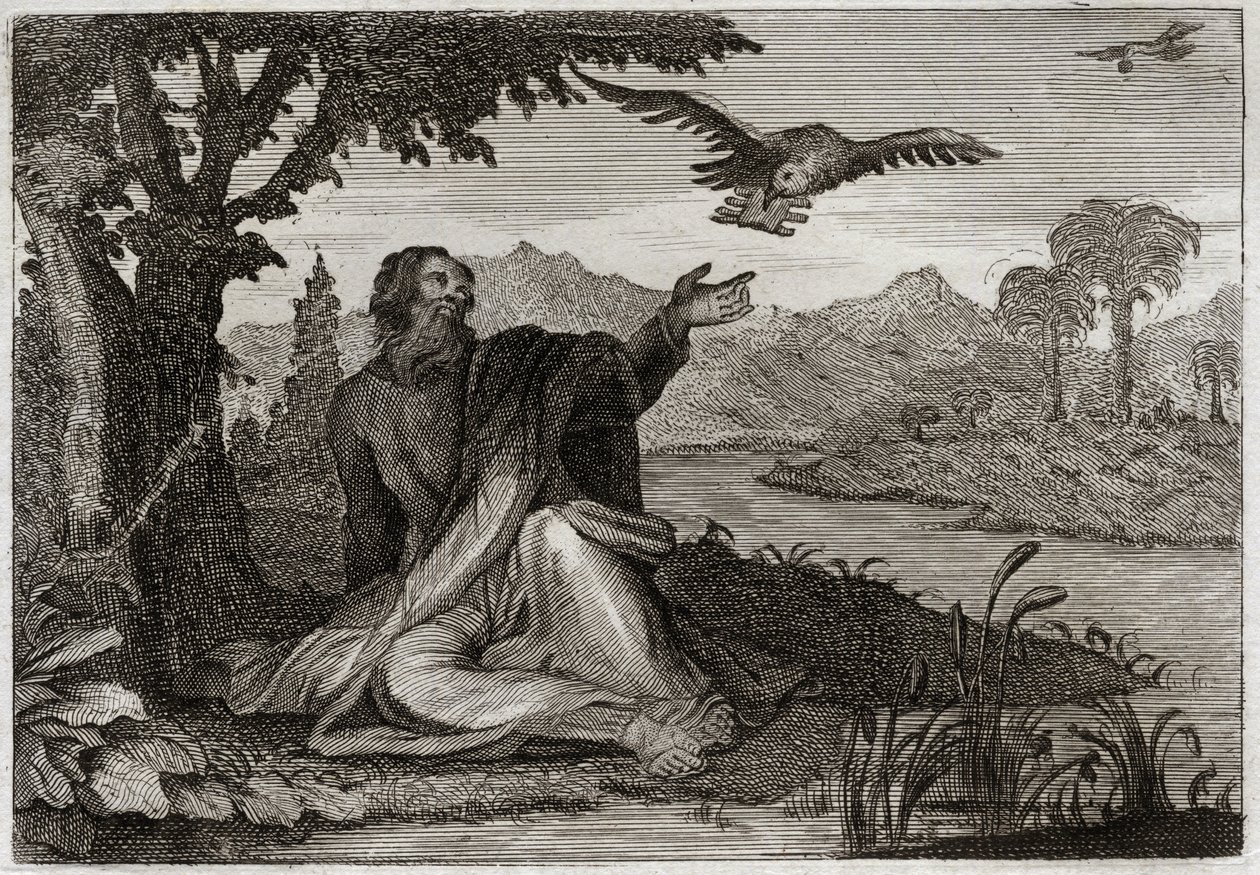 Bíblia de Royaumont, Velho Testamento: Corvos de Elias. Deus atingiu a terra com uma esterilização de três anos, enviou o profeta Elias por um riacho, ou dois corvos trouxeram-lhe comida. Ilustração de 1811. de Unknown artist