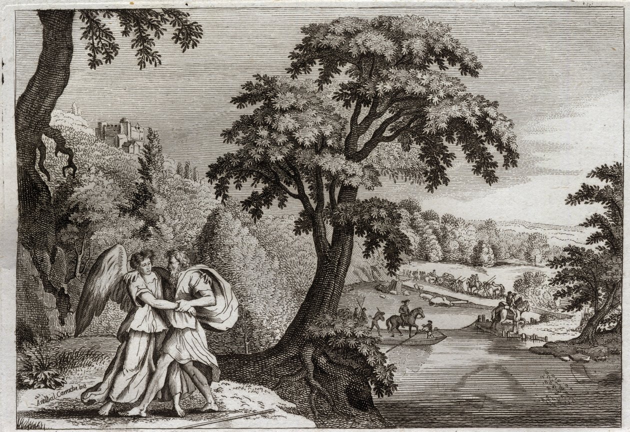 Bíblia de Royaumont, Velho Testamento: Reconciliação de Esaú com Jacó. A sabedoria de Jacó para suavizar Esaú. A sua luta com o Anjo. Ilustração de 1811. de Unknown artist
