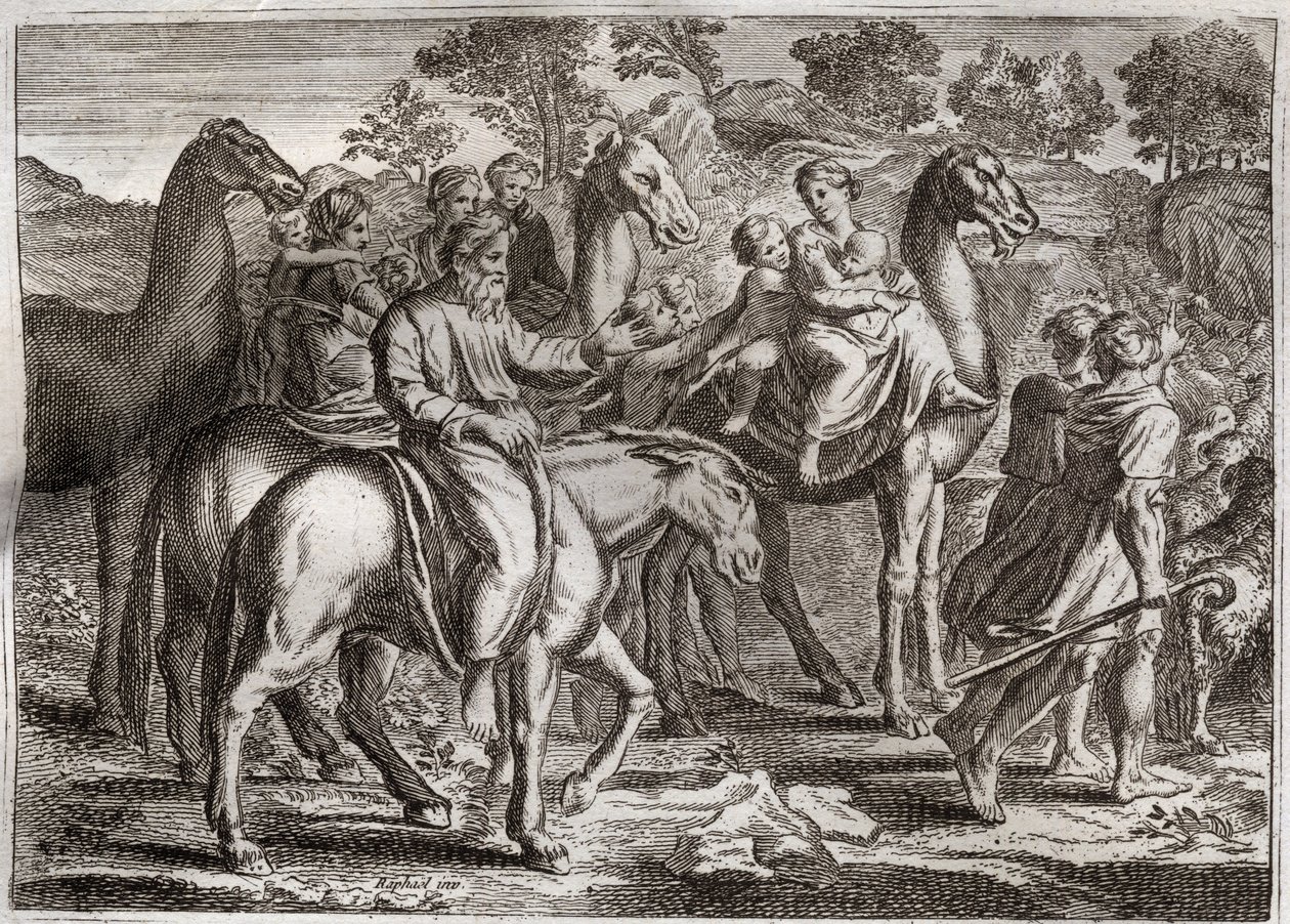 Bíblia de Royaumont, Velho Testamento: O regresso de Jacob. O regresso de Jacó à Terra de Canaã com as suas esposas, Raquel e Léa, e os seus filhos. Ilustração de 1811. de Unknown artist