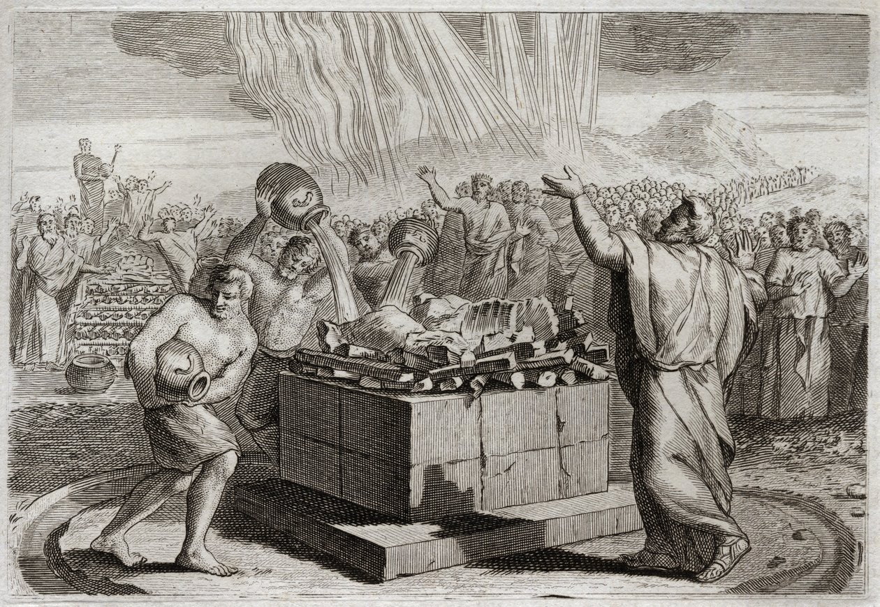 Bíblia de Royaumont, Velho Testamento: Sacrifício de Elias. E tendo tornado o verdadeiro Deus conhecido pelo milagre do fogo que desceu do céu sobre o seu sacrifício, ordenou ao povo que matasse os quatrocentos e cinquenta sacerdotes do ídolo de Baal. Illu de Unknown artist