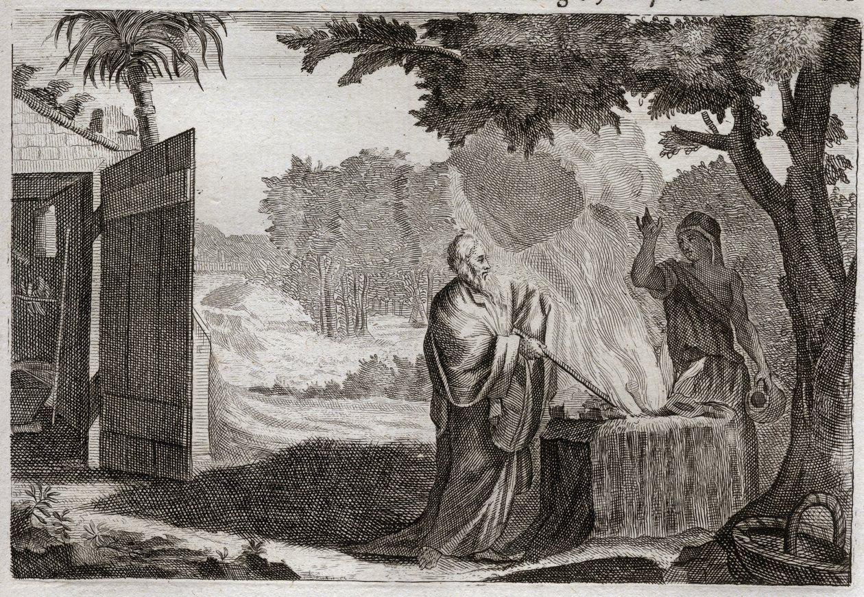 Bíblia de Royaumont, Velho Testamento: Sacrifício de Gedeon. Gedeon (Gideão) é chamado por Deus para tirar os judeus de seus inimigos. Ele oferece um sacrifício sobre uma pedra, da qual ele sai um fogo que o consome. Ilustração de 1811. de Unknown artist