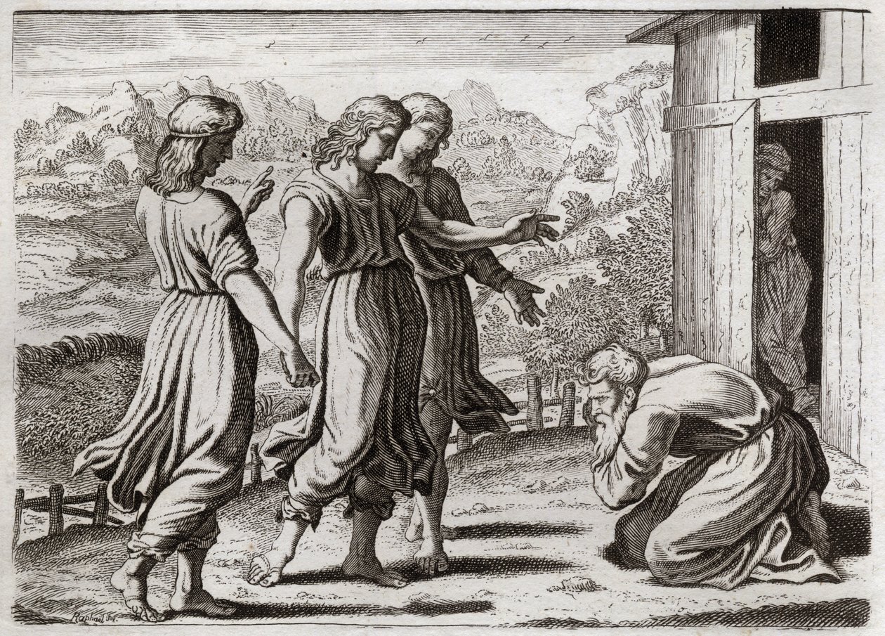 Bíblia de Royaumont, Velho Testamento: Sara concots Isaac. Abraão recebe três anjos que prometem a Sara (Sara) que ela terá um filho dentro de um ano. Ilustração de 1811. de Unknown artist