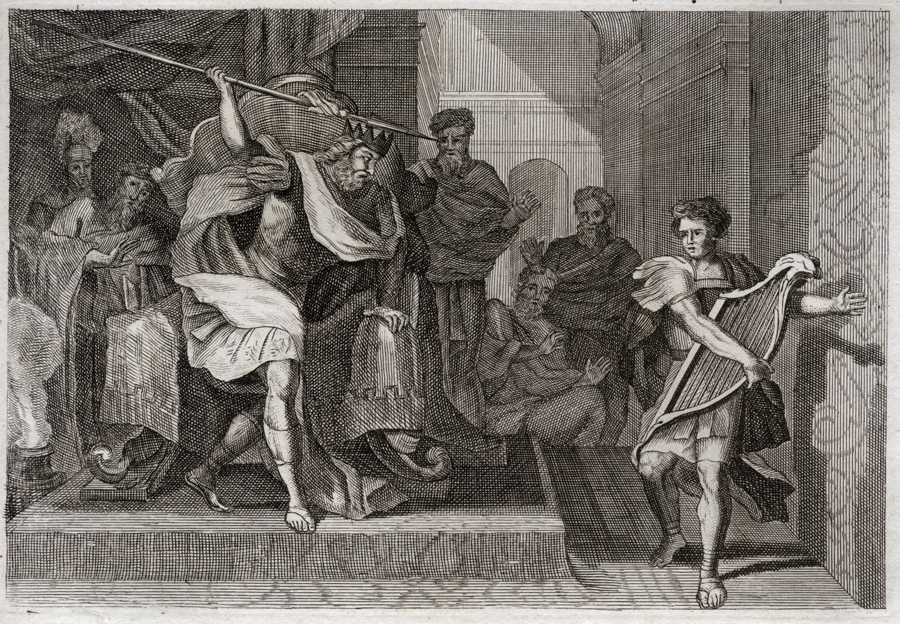 Bíblia de Royaumont, Velho Testamento: Saul quer matar David. Saul cheio de raiva e inveja contra Davi, quer furar a sua lança quando toca a harpa à sua frente. Ilustração de 1811. de Unknown artist