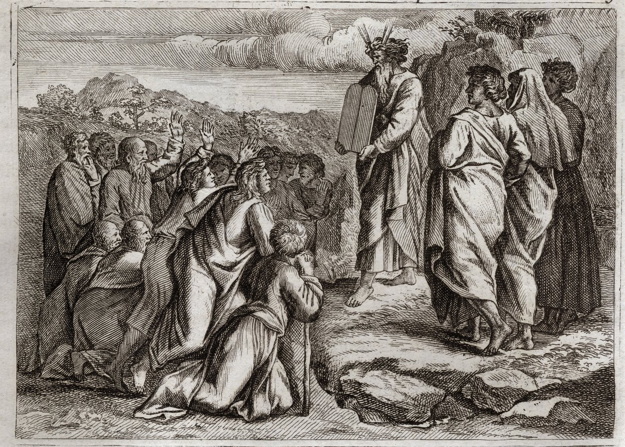Bíblia de Royaumont, Velho Testamento: Segundas Távolas da Lei. Deus dá a Moisés outras mesas (Dez Mandamentos), que o povo recebe com respeito. Ilustração de 1811. de Unknown artist