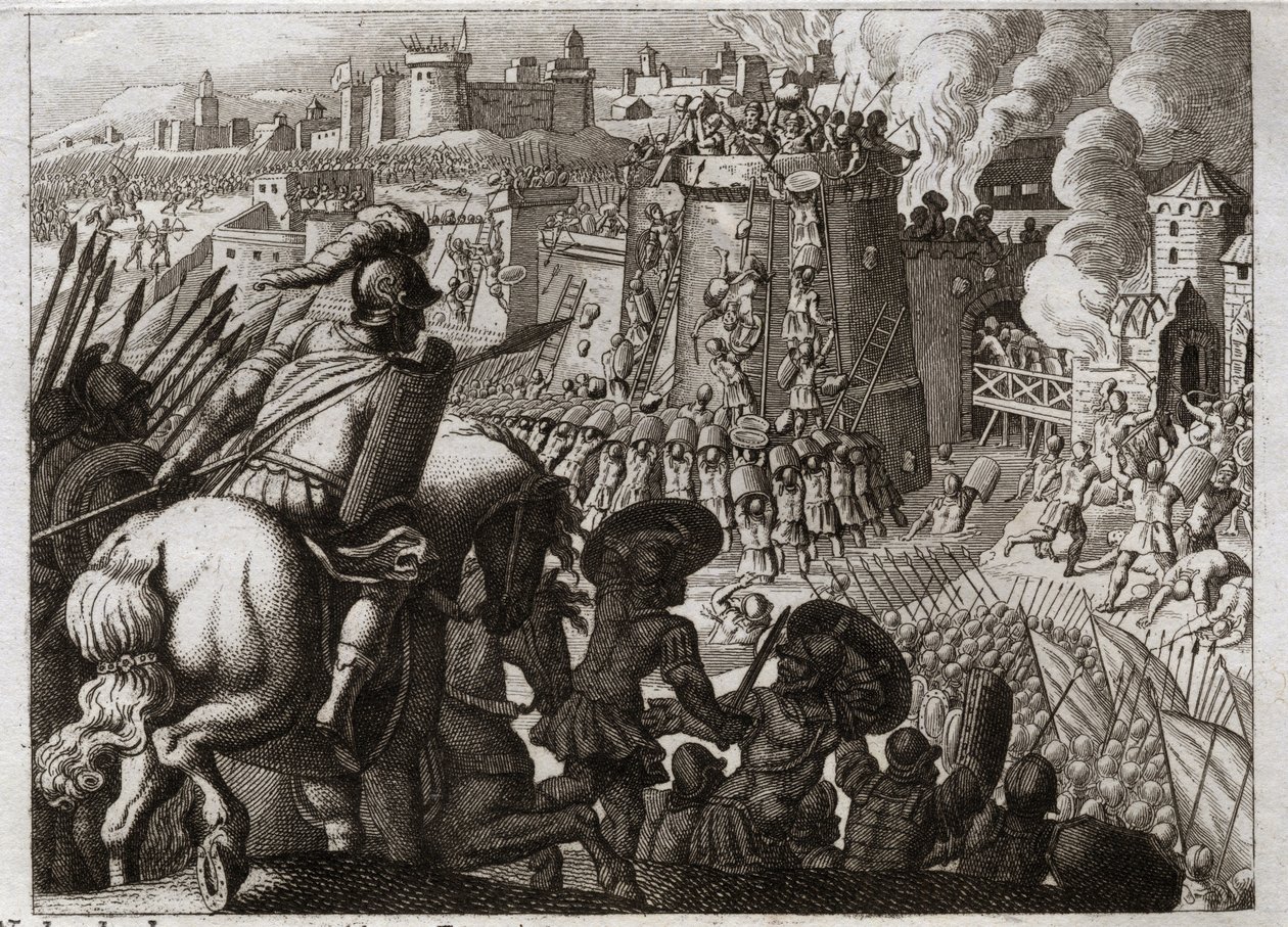 Bíblia de Royaumont, Velho Testamento: Sítio de Jerusalém. Nabucodonosor II sitiou Jerusalém, e a tomou, e trouxe todas as riquezas e todos os habitantes daquela cidade para Babilônia. Ilustração de 1811. de Unknown artist