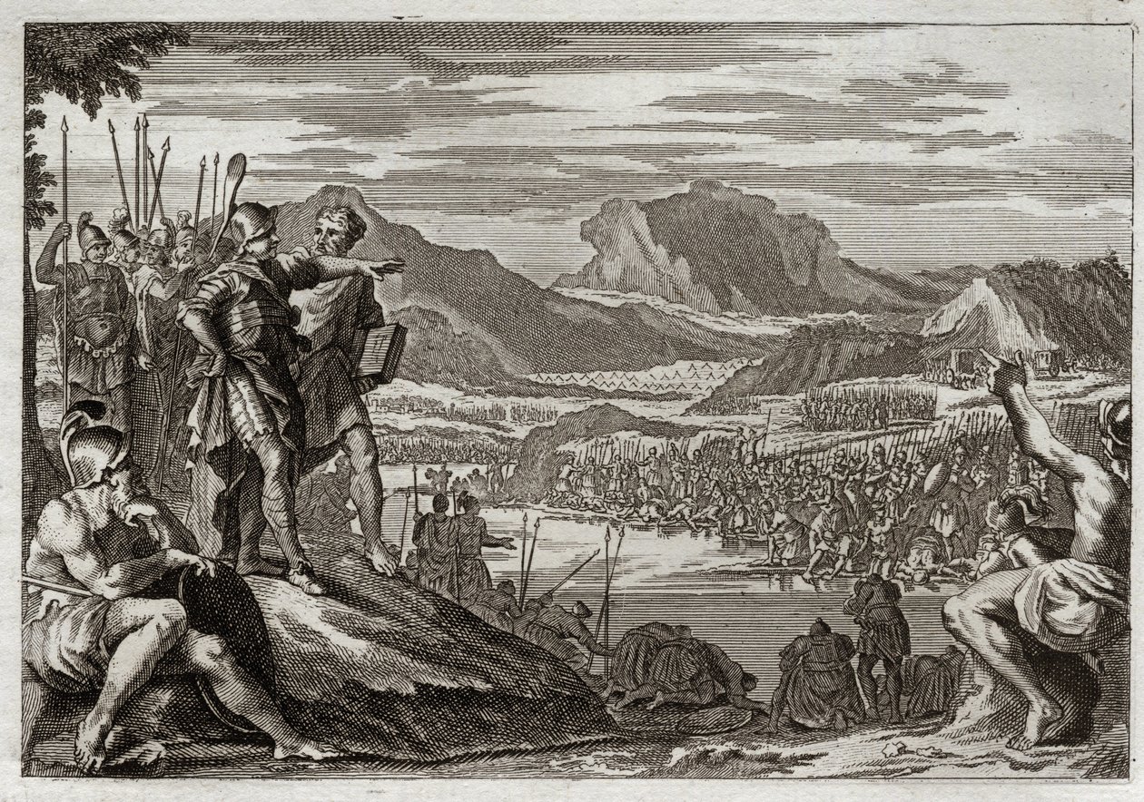 Bíblia de Royaumont, Velho Testamento: Soldados de Gedeon. Deus ordena a Gedeon (Gideão) que conduza todas as suas tropas até o rio Jordão, e lhe dá uma marca para discernir aqueles que ele deveria usar para lutar contra os midianitas. Ilustração de 1811. de Unknown artist