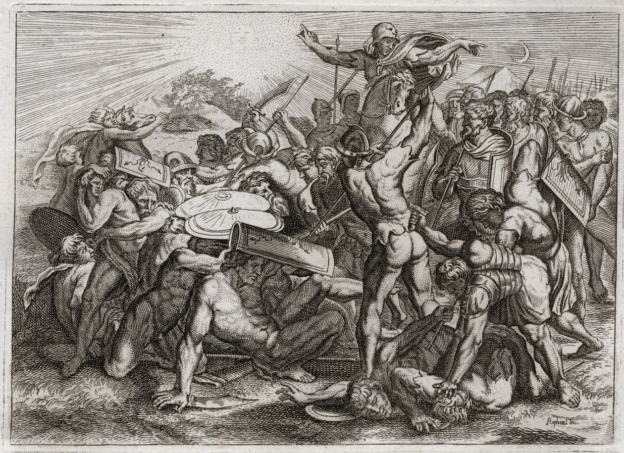 Bíblia de Royaumont, Velho Testamento: Sun Stop. Josué perseguindo seus inimigos amorosos (amorrites) faz o Sol parar, para que ele possa ter mais tempo para desfazê-los. Ilustração de 1811. de Unknown artist