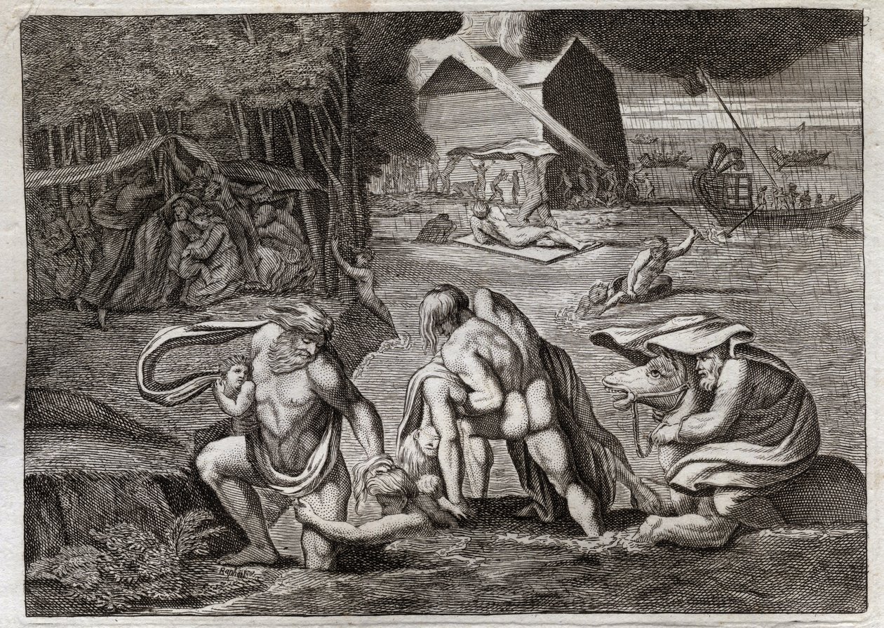 Bíblia de Royaumont, Velho Testamento: O Dilúvio. O Dilúvio está inundando a terra inteira. A única Arca salva aqueles que estavam fechados nela deste afundamento. Ilustração de 1811. de Unknown artist