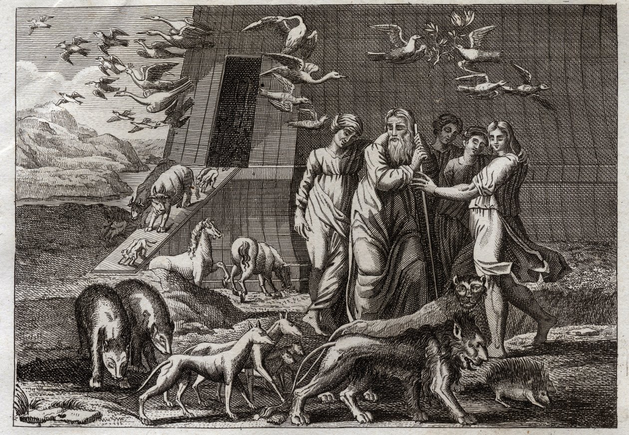 Bíblia de Royaumont, Velho Testamento: O Arco-íris. Noé deixa a Arca e oferece um sacrifício a Deus que a recebe favoravelmente. Ele promete não enviar mais nenhum dilúvio sobre a terra. Ele dá o Arco-Íris como sinal da verdade desta promessa. Ilustração d de Unknown artist