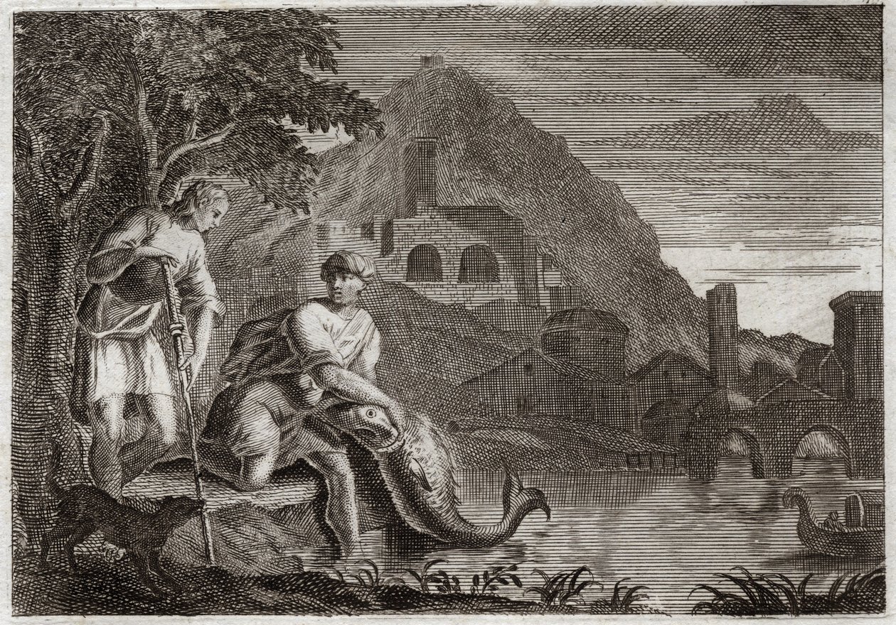 Bíblia de Royaumont, Velho Testamento: O anjo guia Tobie. O jovem Tobie está aterrorizado por um peixe (milagroso) que queria comê-lo. O anjo Rafael vem por ordem de Deus para guiá-lo em uma viagem que ele tinha que fazer. Ilustração de 1811. de Unknown artist