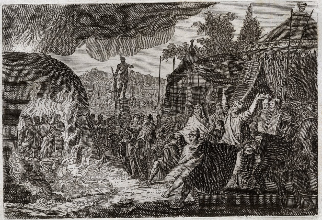 Bíblia de Royaumont, Velho Testamento: Os três filhos da Babilónia na fornalha. O rei Nabucodonosor II lança três jovens hebreus em uma fornalha ardente, de onde são milagrosamente iludidos. São chamados Ananias, Azarias e Misael (ou Shadrac de Unknown artist