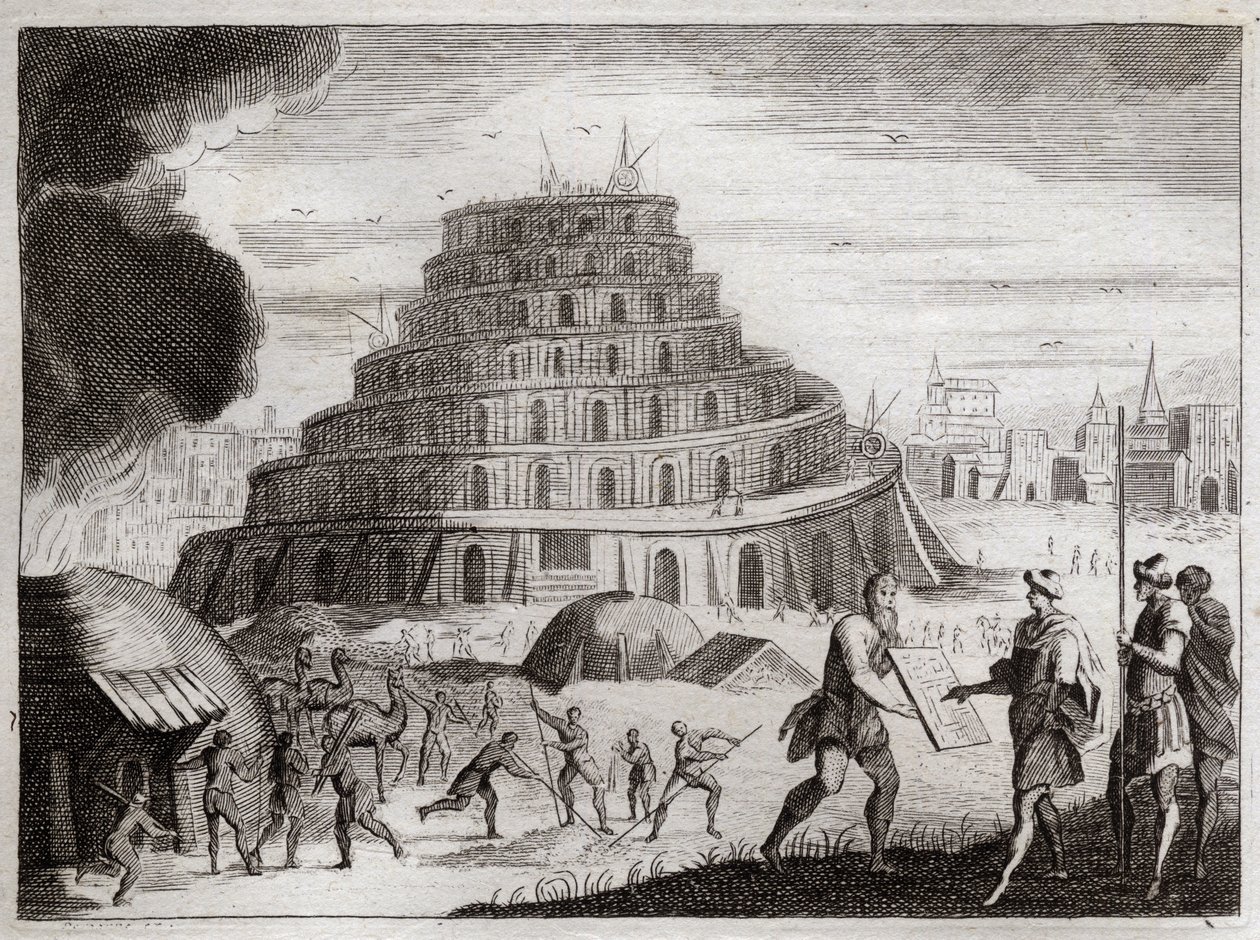 Bíblia de Royaumont, Velho Testamento: Torre de Babel. Os homens querem por vaidade erguer uma Torre para o céu. Deus impede este trabalho confundindo as suas línguas para que não possam mais ouvir uns aos outros falar. Ilustração de 1811. de Unknown artist