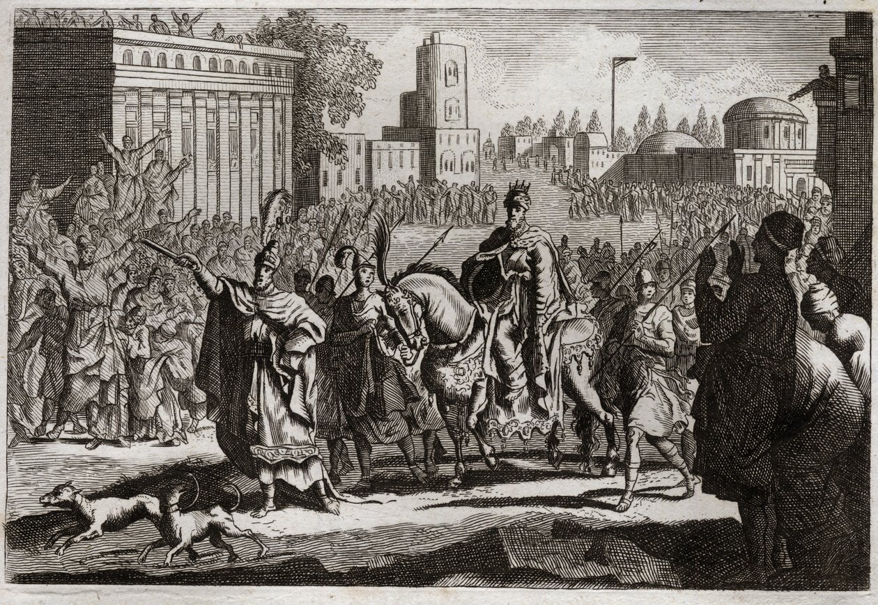 Bíblia de Royaumont, Velho Testamento: O Triunfo de Mardochee. Aman (Haman) é obrigado pelo Rei a publicar o triunfo de Mardochee (ou Mordekhai ou Mordecai) seu inimigo em toda a cidade de Susan (mais conhecida como Susa). Ilustração de 1811. de Unknown artist