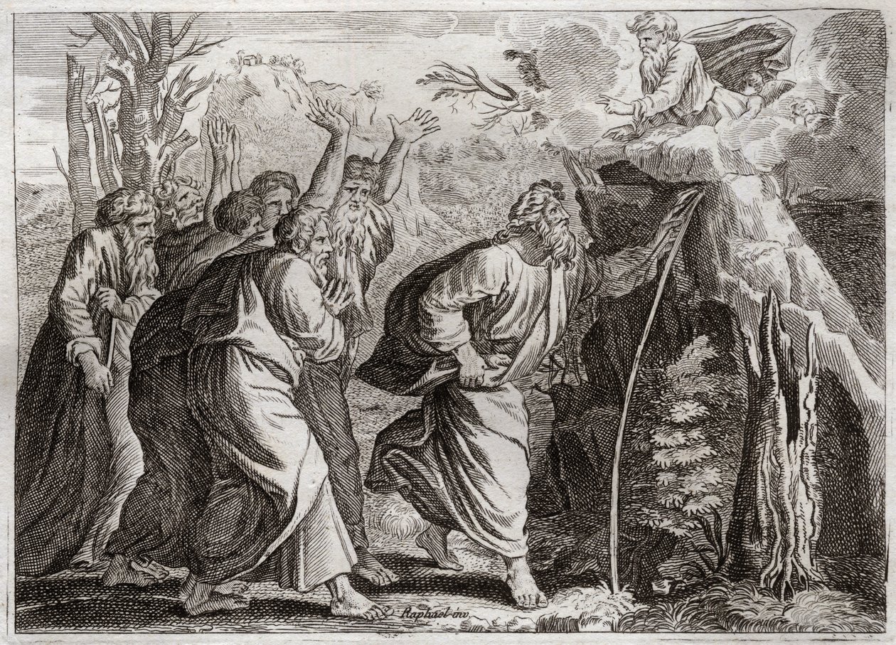 Bíblia de Royaumont, Velho Testamento: "Água da Rocha". Moisés traz água da rocha, e dá uma bebida ao povo de Israel. Ilustração de 1811. de Unknown artist