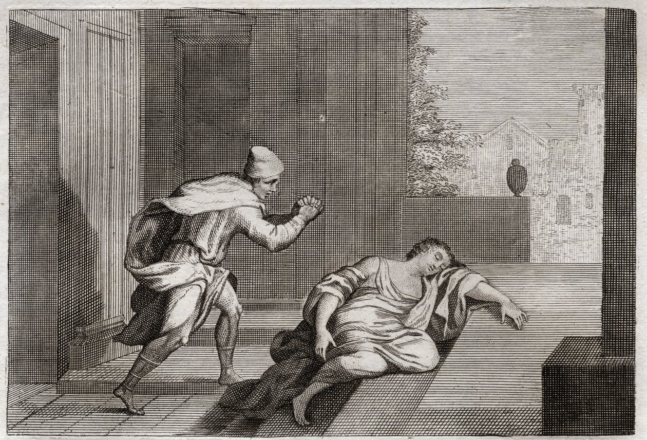 Bíblia de Royaumont, Velho Testamento: Mulher do Levita Ultragee. A mulher do Levita foi encontrada morta à porta depois de ter sido abusada por bandidos. Ilustração de 1811. de Unknown artist
