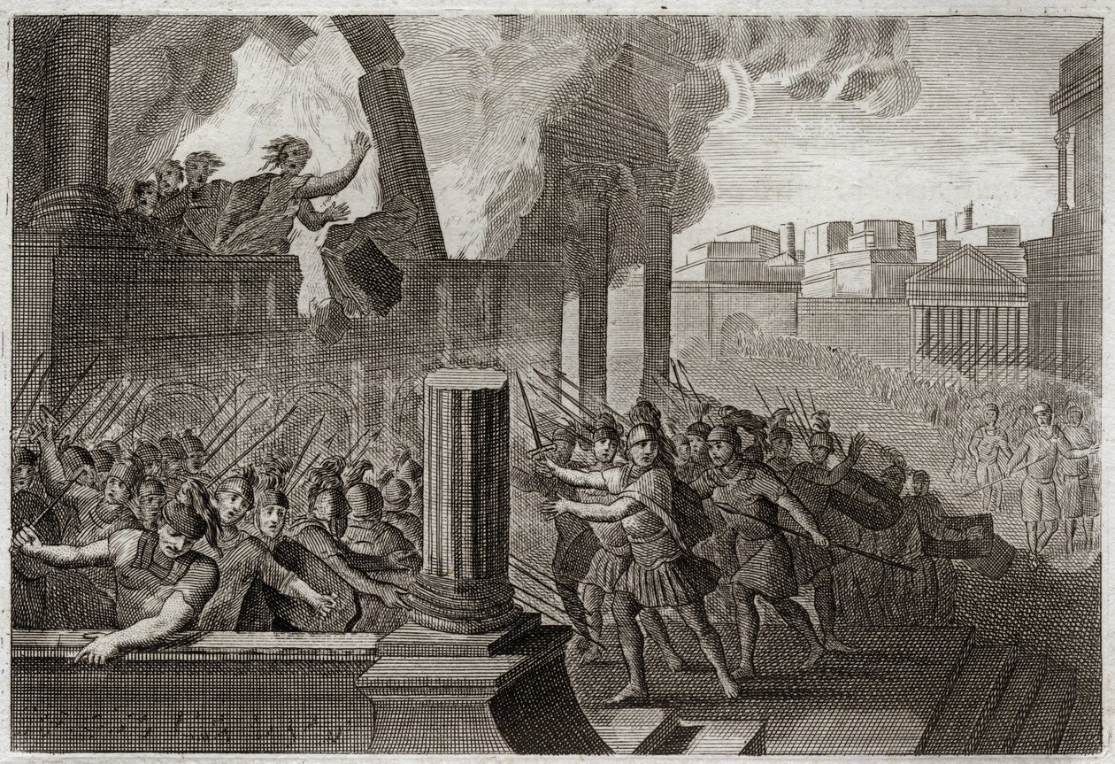Bíblia de Royaumont, Velho Testamento: Queimaduras de Zambri. Zambri, tendo-se revoltado contra Ela, o quarto rei de Israel, está sitiado em Thersa, onde se queima, com toda a sua família, no seu palácio. Ilustração de 1811. de Unknown artist