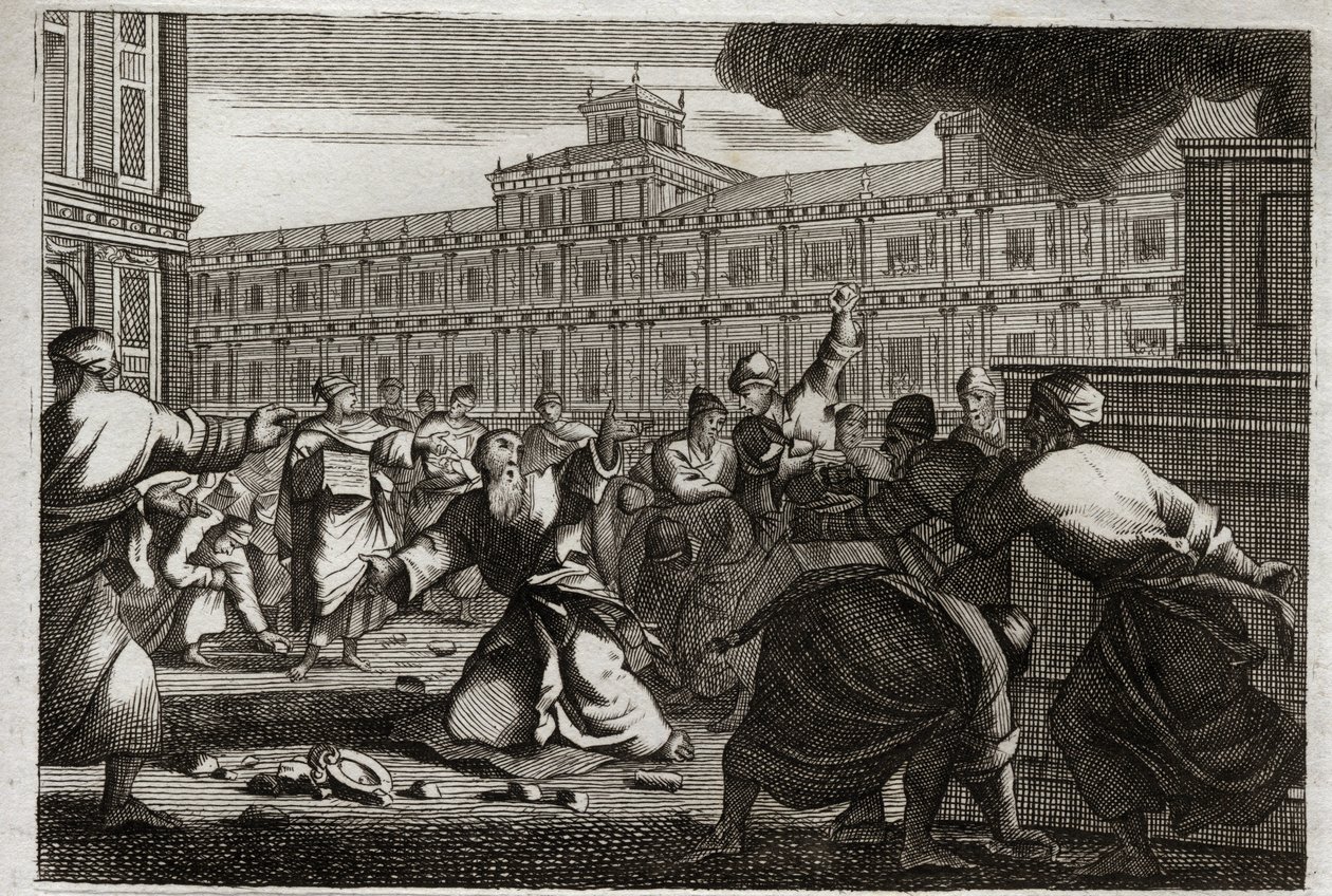 Bíblia de Royaumont, Velho Testamento:, Zacarias apedrejado. Zacarias, o Sumo Sacerdote, é apedrejado por ordem de Joás (Jeoás), rei de Judá, porque ele o tirou de suas ordens. Ilustração de 1811. de Unknown artist