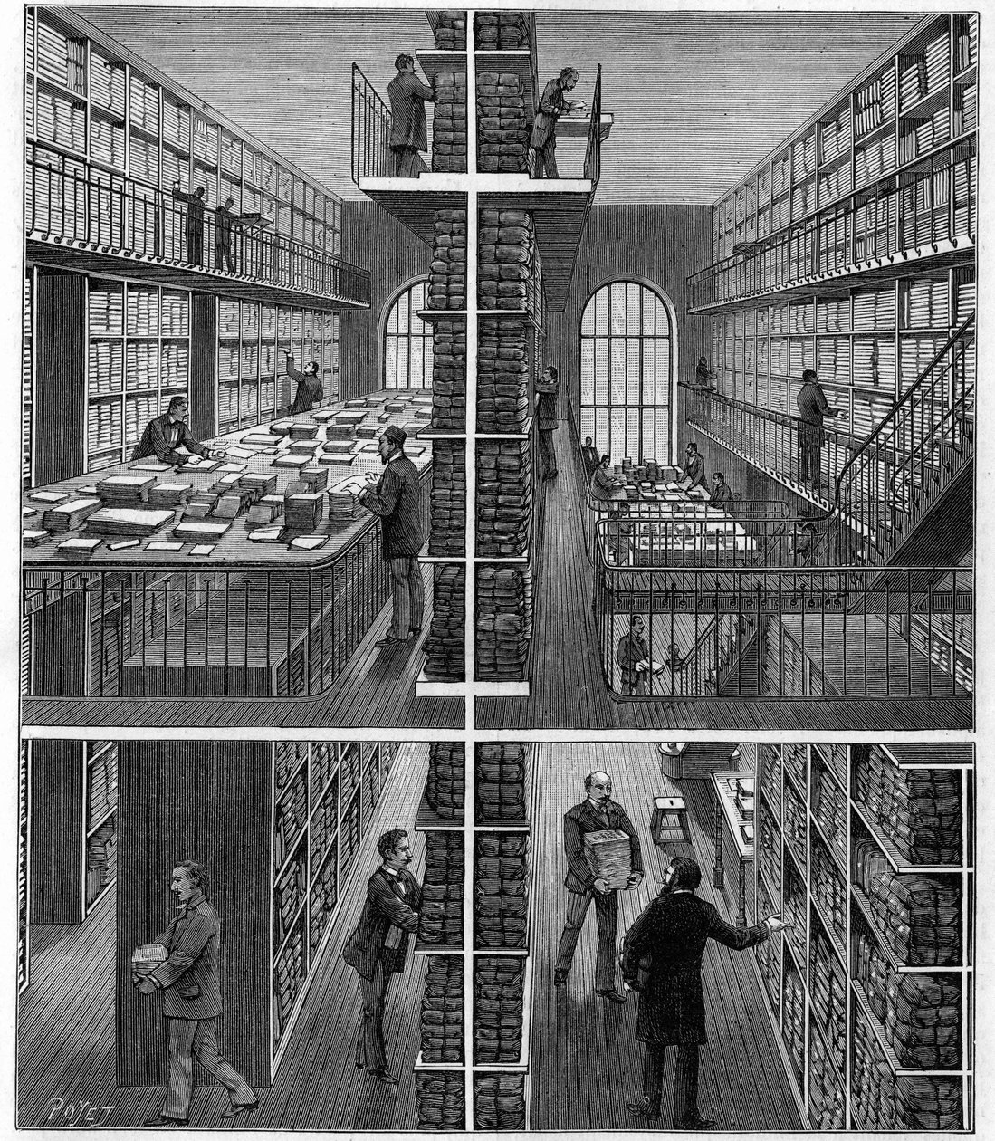 Bibliotheque Nationale em Paris: sala de tratamento e arquivo de revistas no Bureau des Entrees. Gravura em "La Nature: Revue des sciences et de leurs applications aux arts et a l