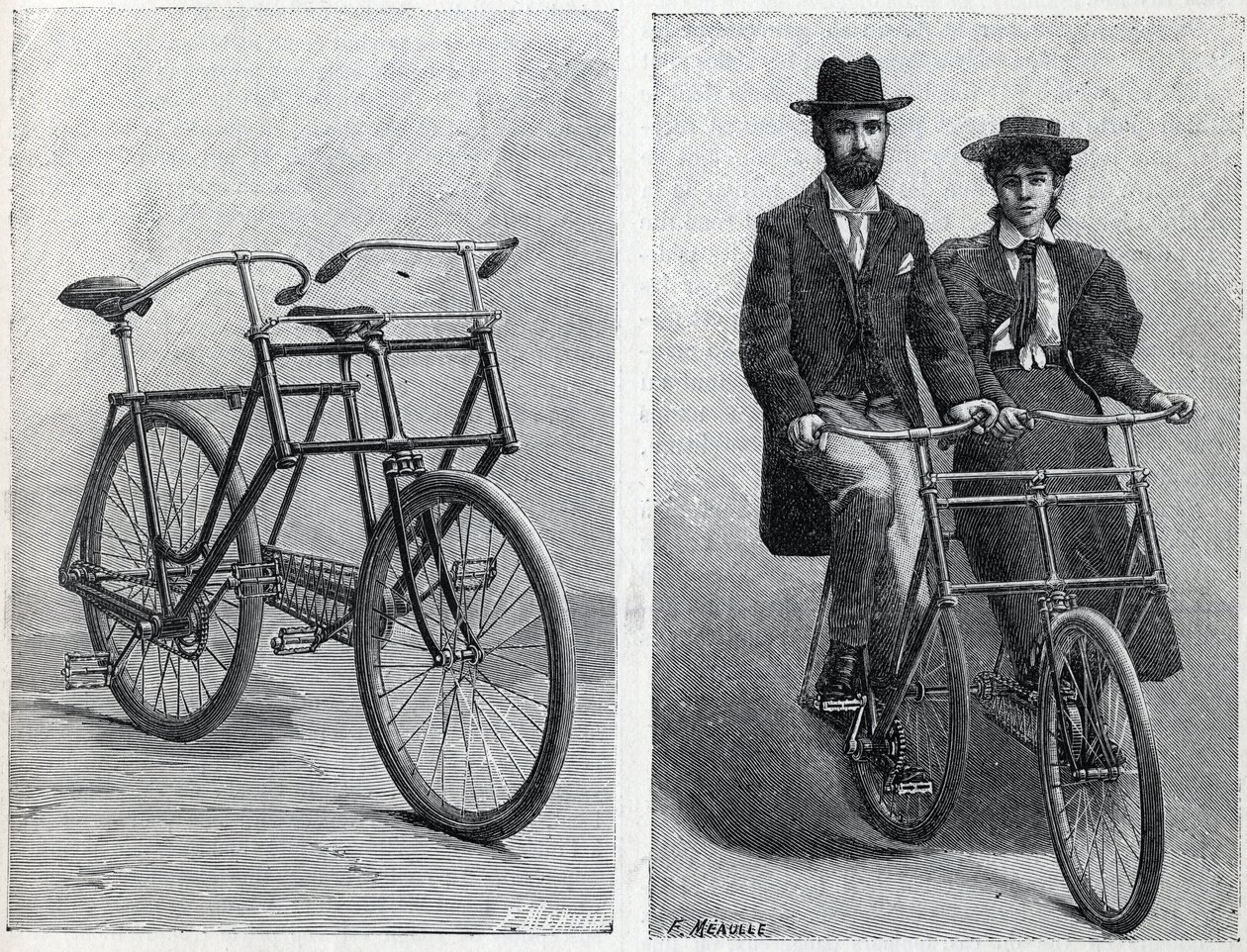 Bicicleta tem dois assentos do fabricante "Punnett Cycle" sem e com ciclistas. Gravação em "La Nature". de Unknown artist