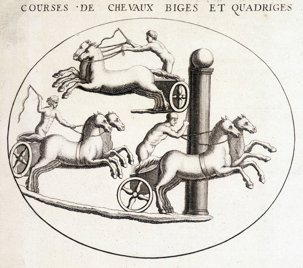 Corridas de cavalos grandes e quadriges. Gravura do século XIX. de Unknown artist